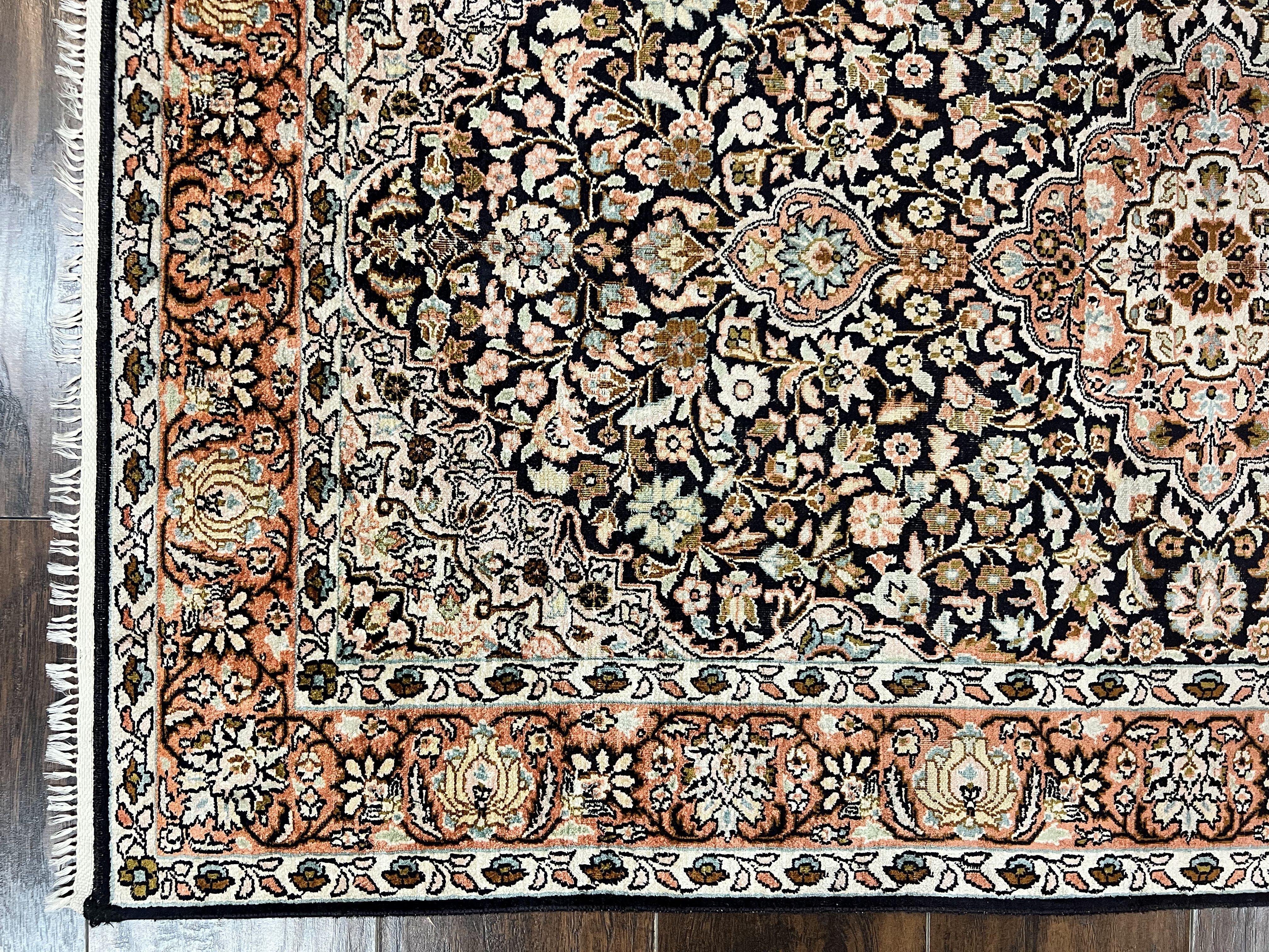 Silk Indian Kashmiri Rug 3x5, Indo Persian Silk on Silk Carpet, Very Fine 350 KPSI, Navy Blue, Handmade, Floral Medallion - Jewel Rugs