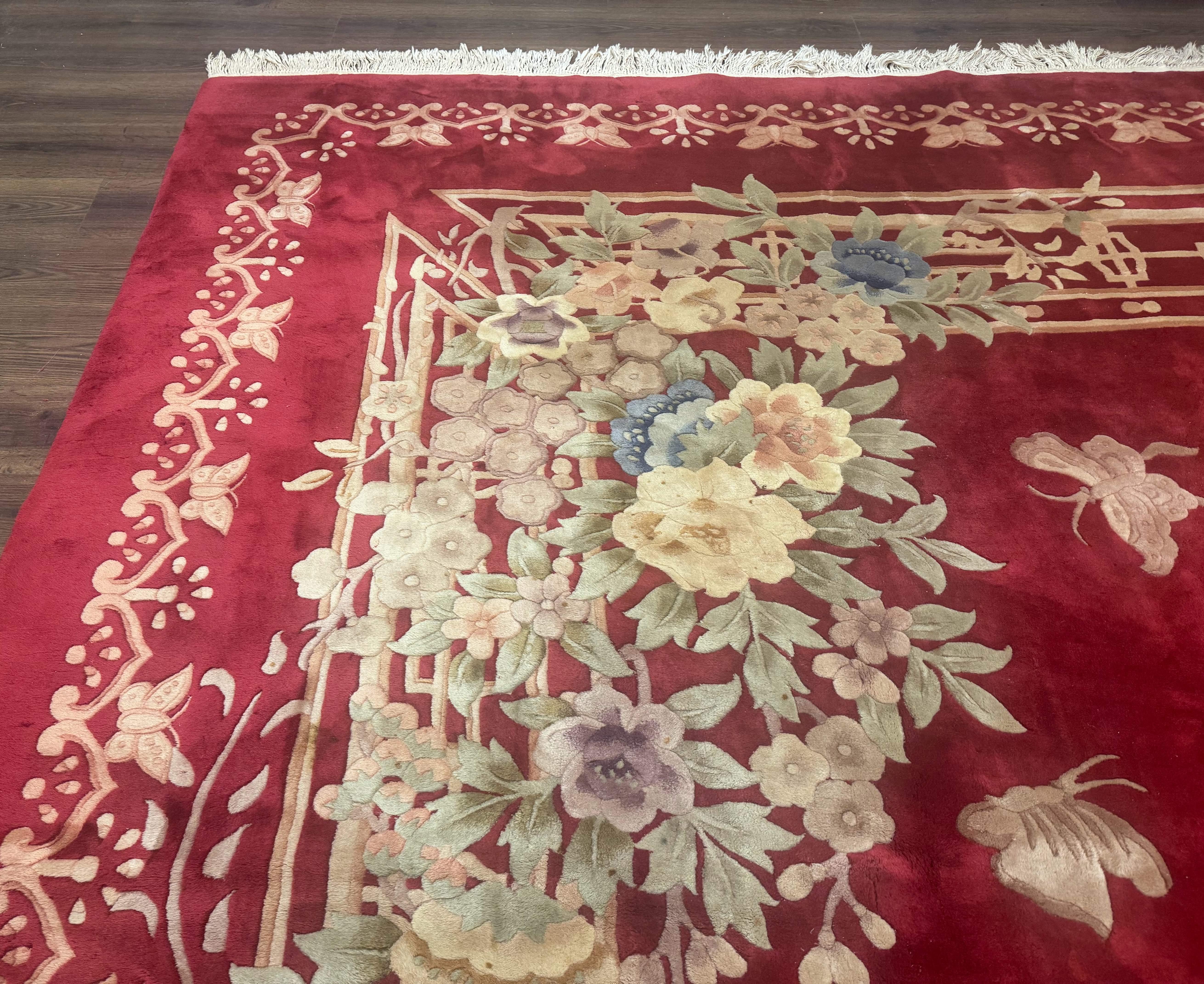 Palace Size Chinese Wool Rug 12x18, Red Art Deco Chinese Carving Carpet, Butterflies Flowers - Jewel Rugs