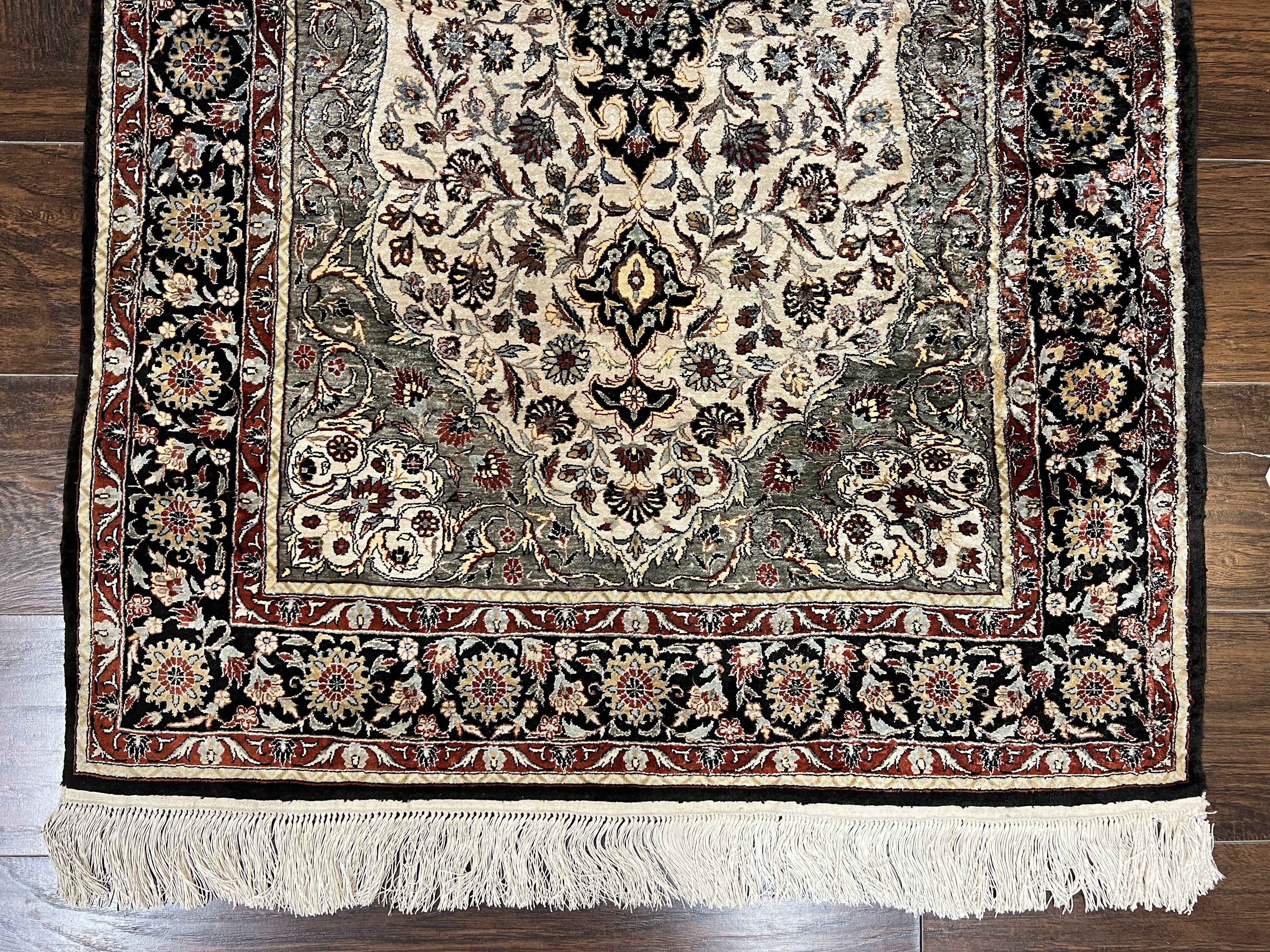 Silk Sino Persian Rug 3x5, Floral Medallion, Hand Knotted Silk Pile Silk Foundation, Traditional Silk Handmade Oriental Carpet, Cream Black - Jewel Rugs