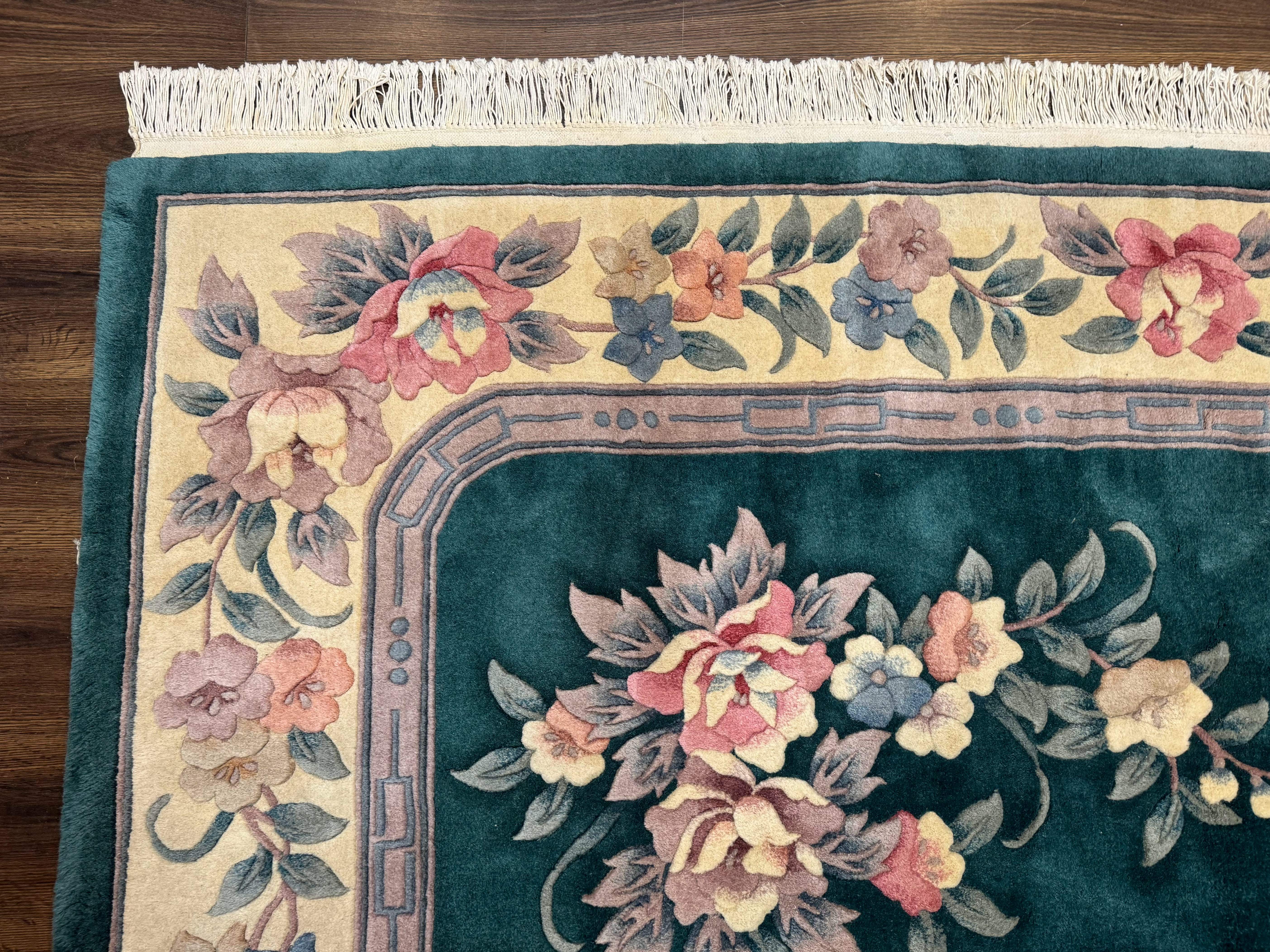 Chinese 90 Line Rug 8x11 ft – Teal and Beige, Hand-Knotted Wool, Aubusson Vintage Carpet - Jewel Rugs