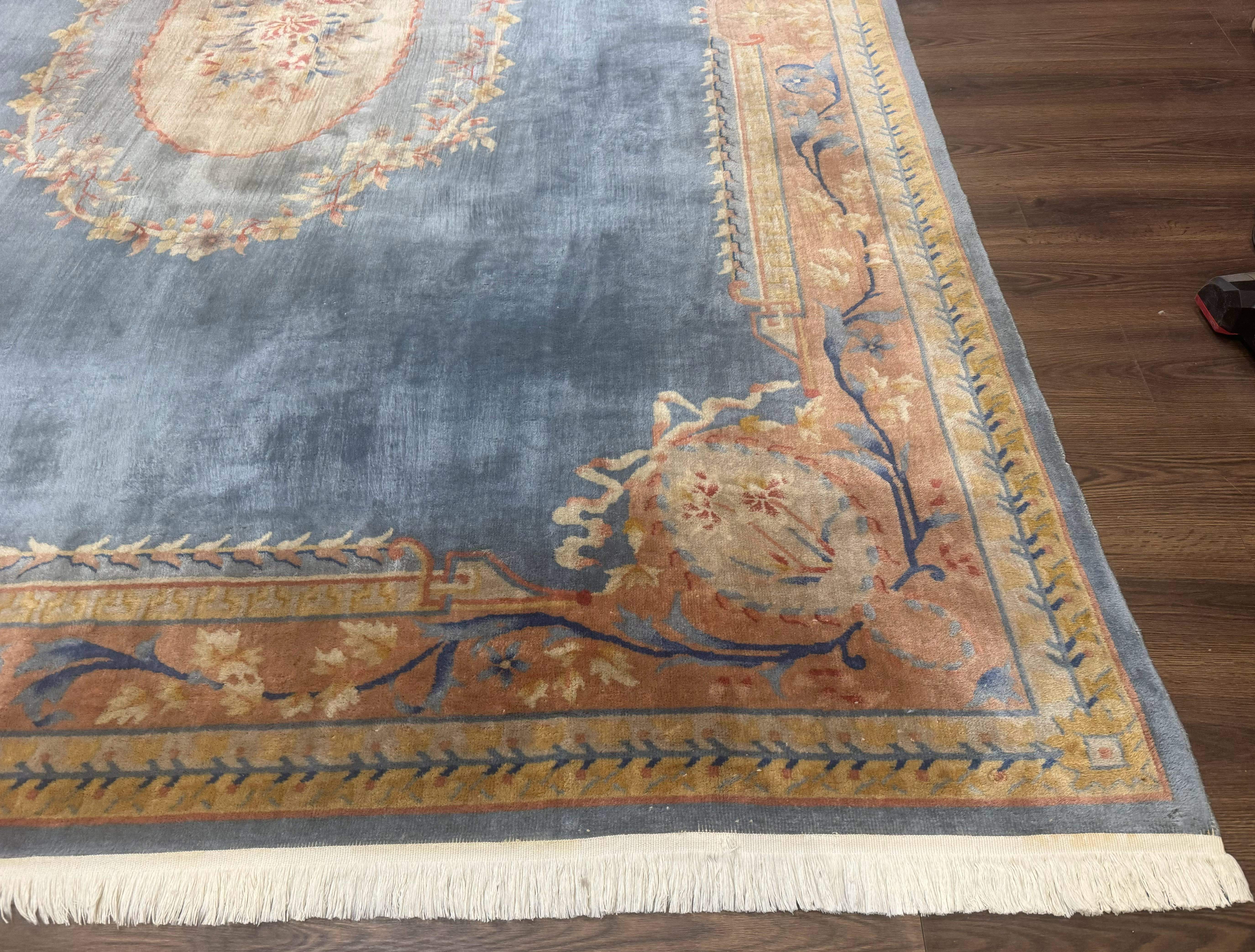Chinese Aubusson Wool Rug 9x11, Light Blue and Salmon, Hand Knotted, Soft Pile - Jewel Rugs