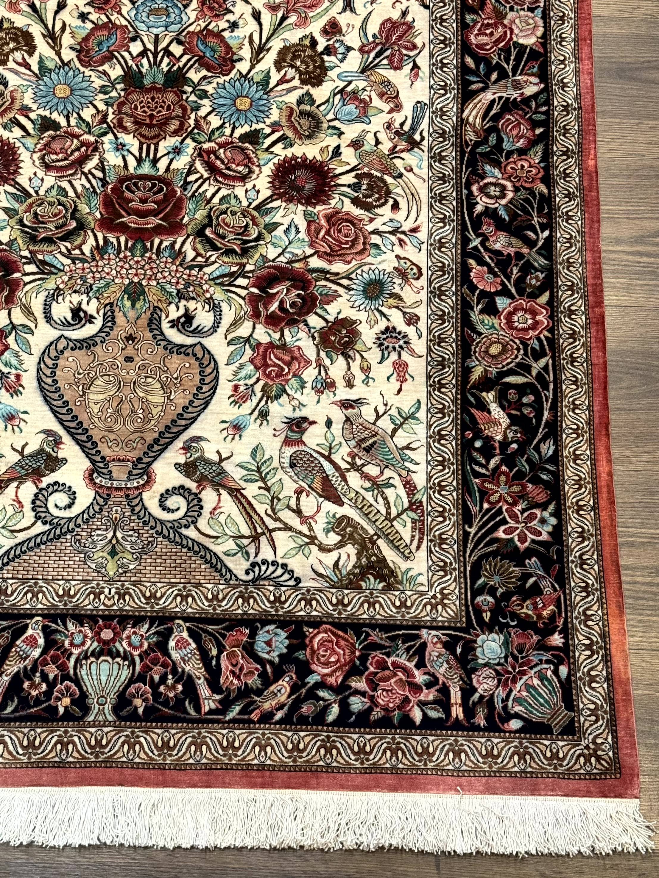 Marvelous Persian Qum Silk Rug 3x5, Exceptionally Fine 650 KPSI, Persian Vase & Birds, Signed Mir Mehdi, Rare - Jewel Rugs