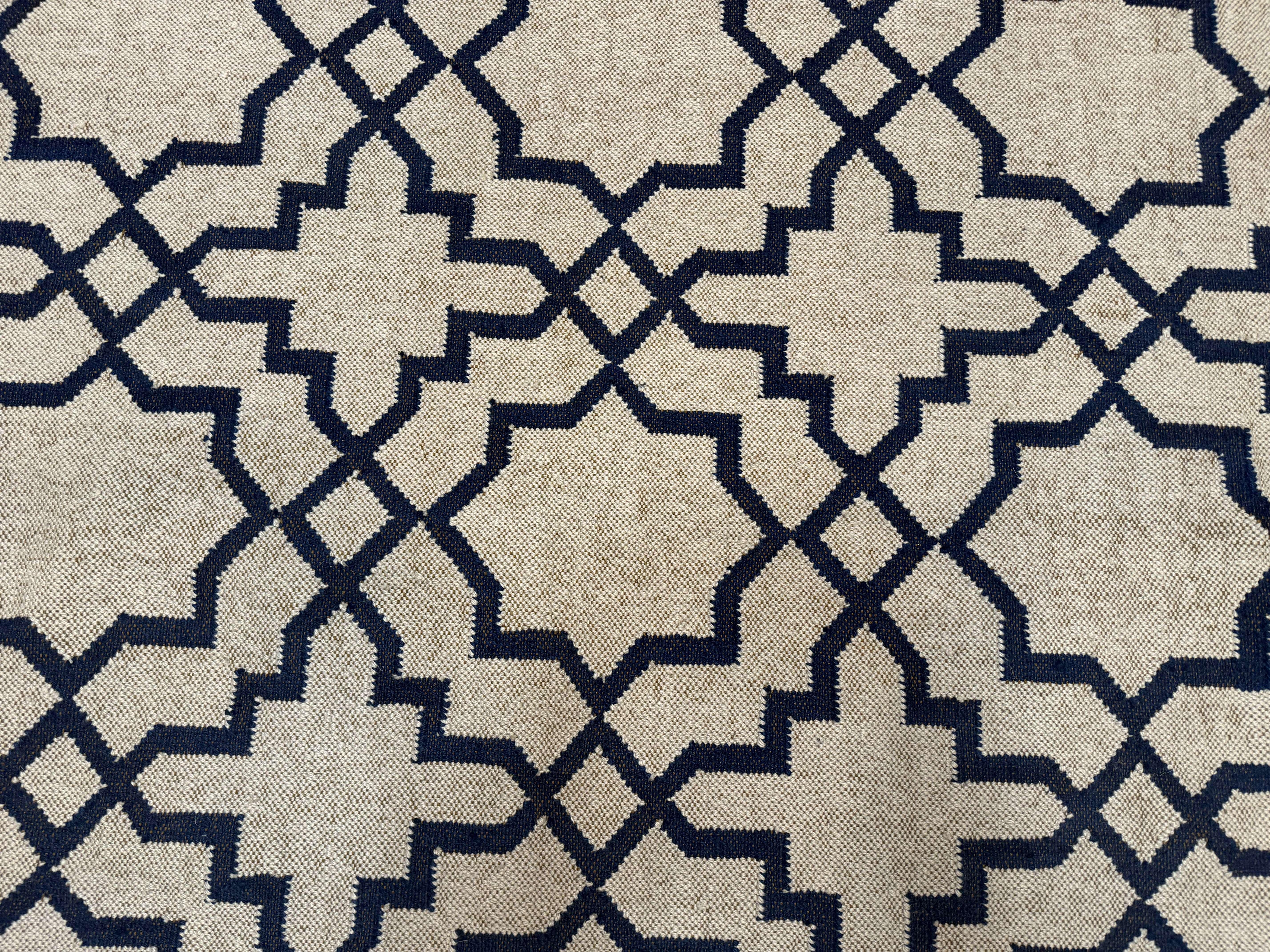 Indian Kilim Rug 8x10, Oat and Navy Blue, Dhurrie Carpet, Handmade, Wool - Jewel Rugs