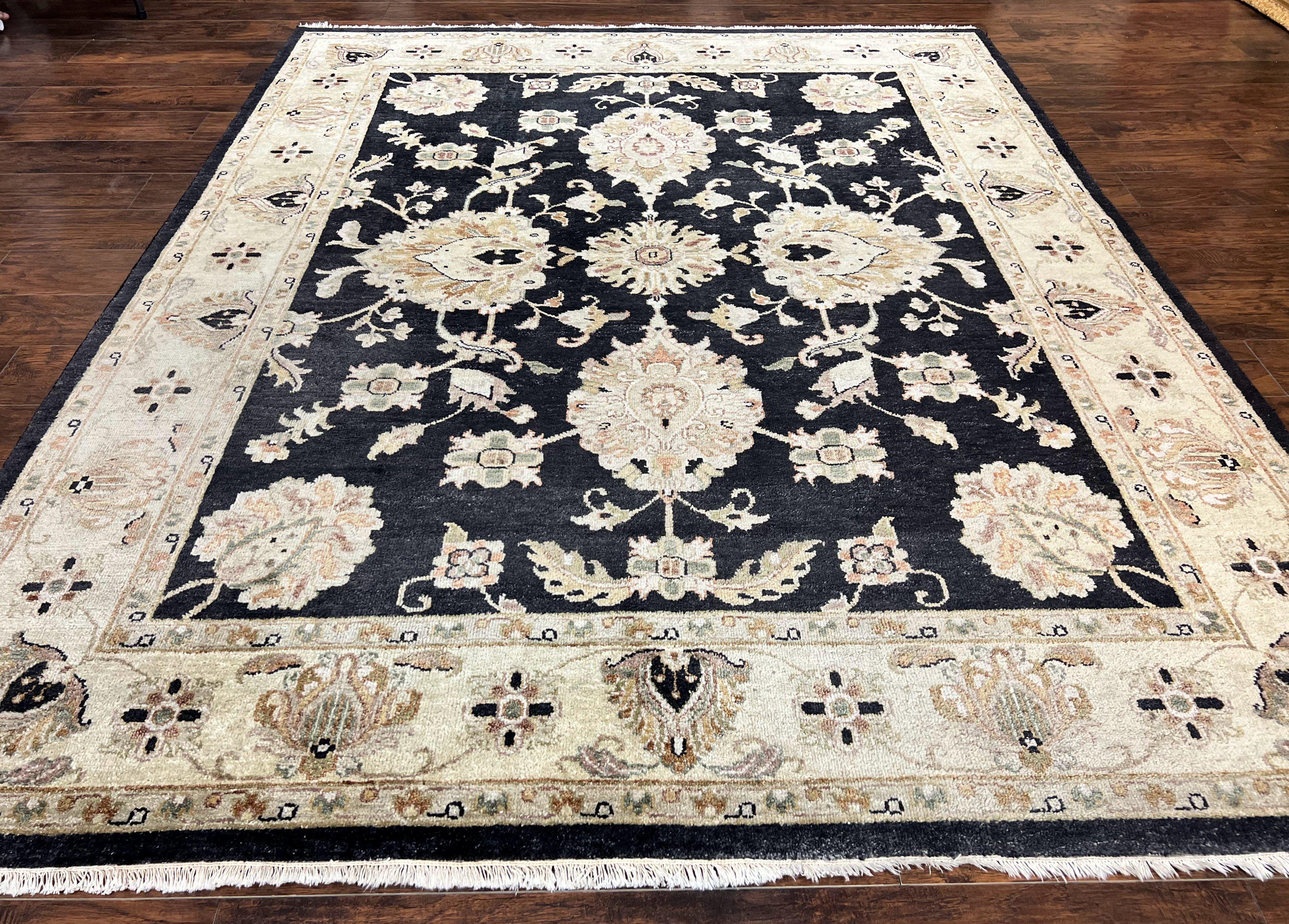 Indo Mahal Rug 8x10, Black and Beige, Vintage Rug 8 x 10 ft, Floral, Handmade Wool Carpet - Jewel Rugs