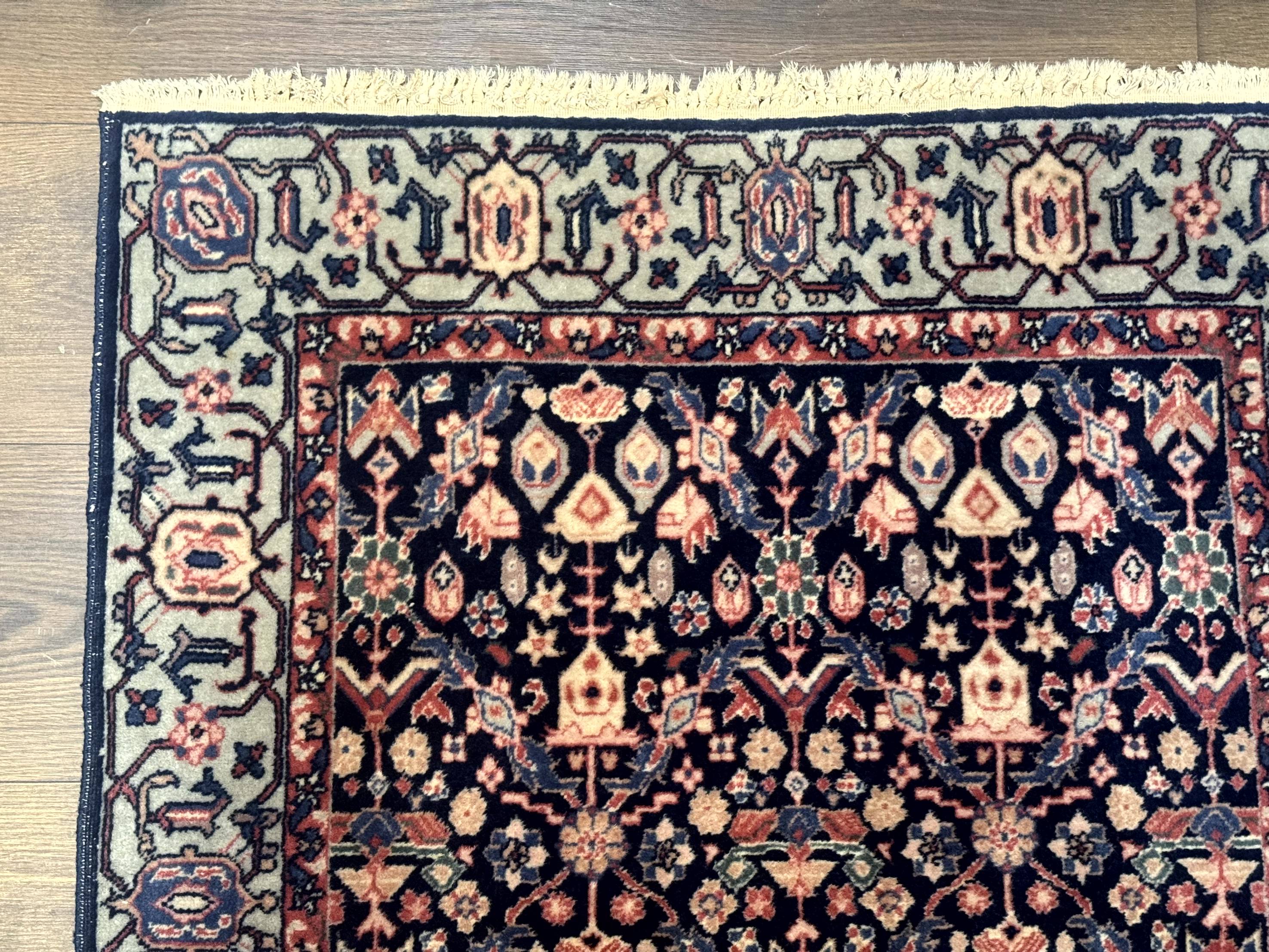 Indo Persian Runner Rug 2.8 x 12, Navy Blue, Floral, Fine 270 KPSI - Jewel Rugs