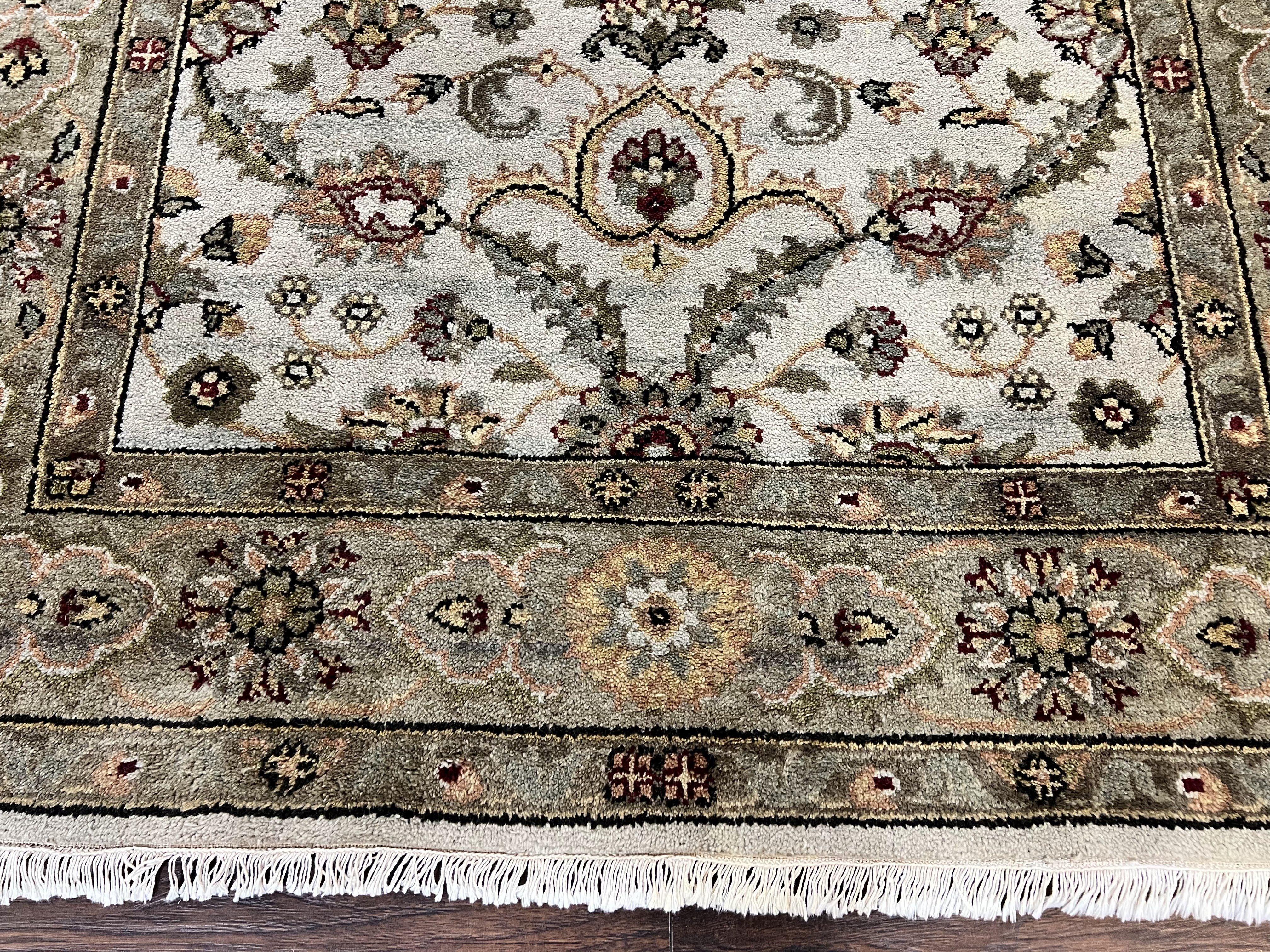 Indo Persian Rug 5.6 x 8, Wool Hand Knotted Vintage Carpet, Beige Indian Mahal Traditional Oriental Rug, Allover Floral, Tea Wash Rug - Jewel Rugs