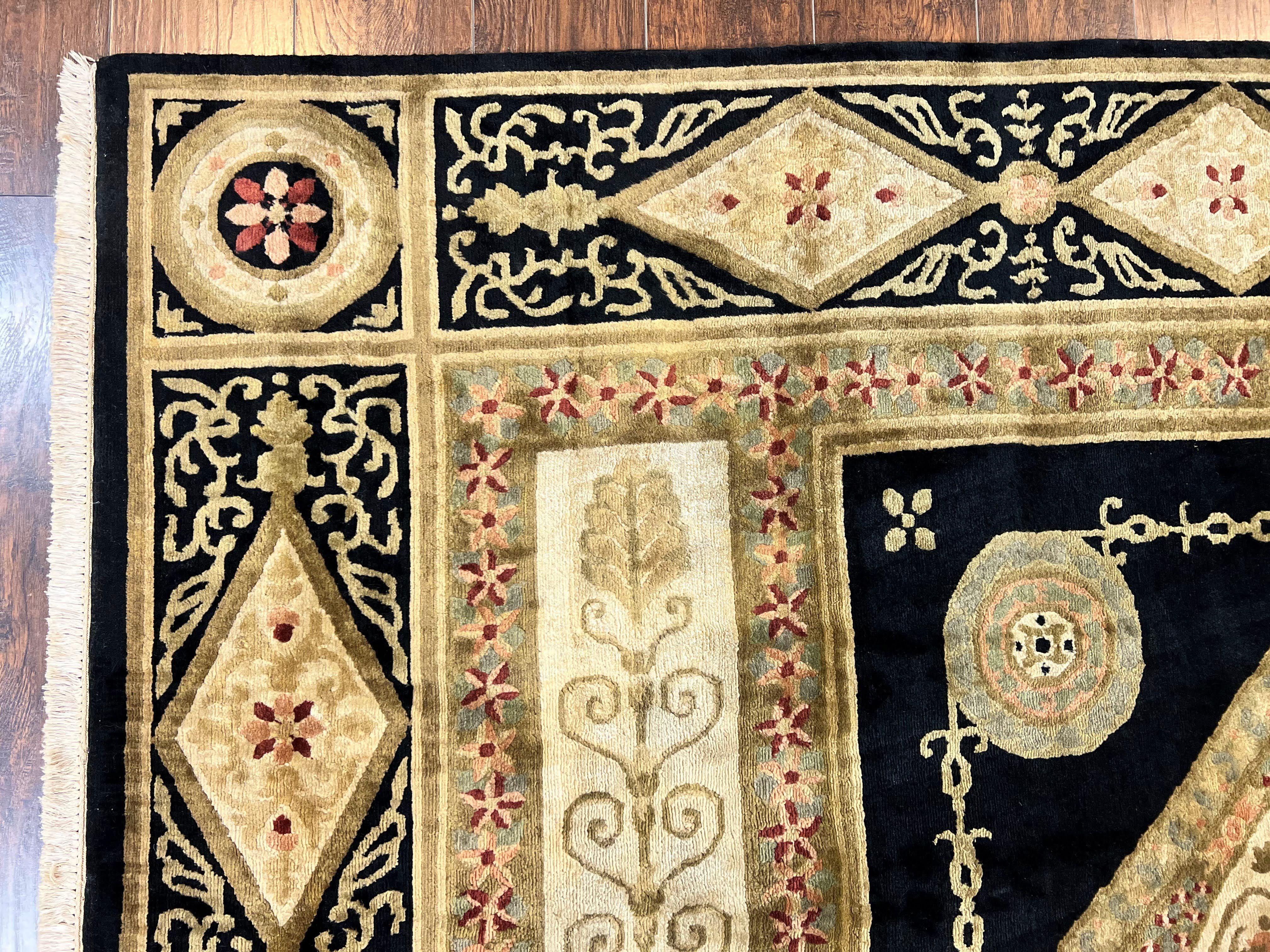 Tibetan Rug 8x10, Nepali Area Rug, Soft New Zealand Wool Carpet 8 x 10 ft, Black Tan Beige, Vintage Handmade Rug, French Aubusson Pattern - Jewel Rugs