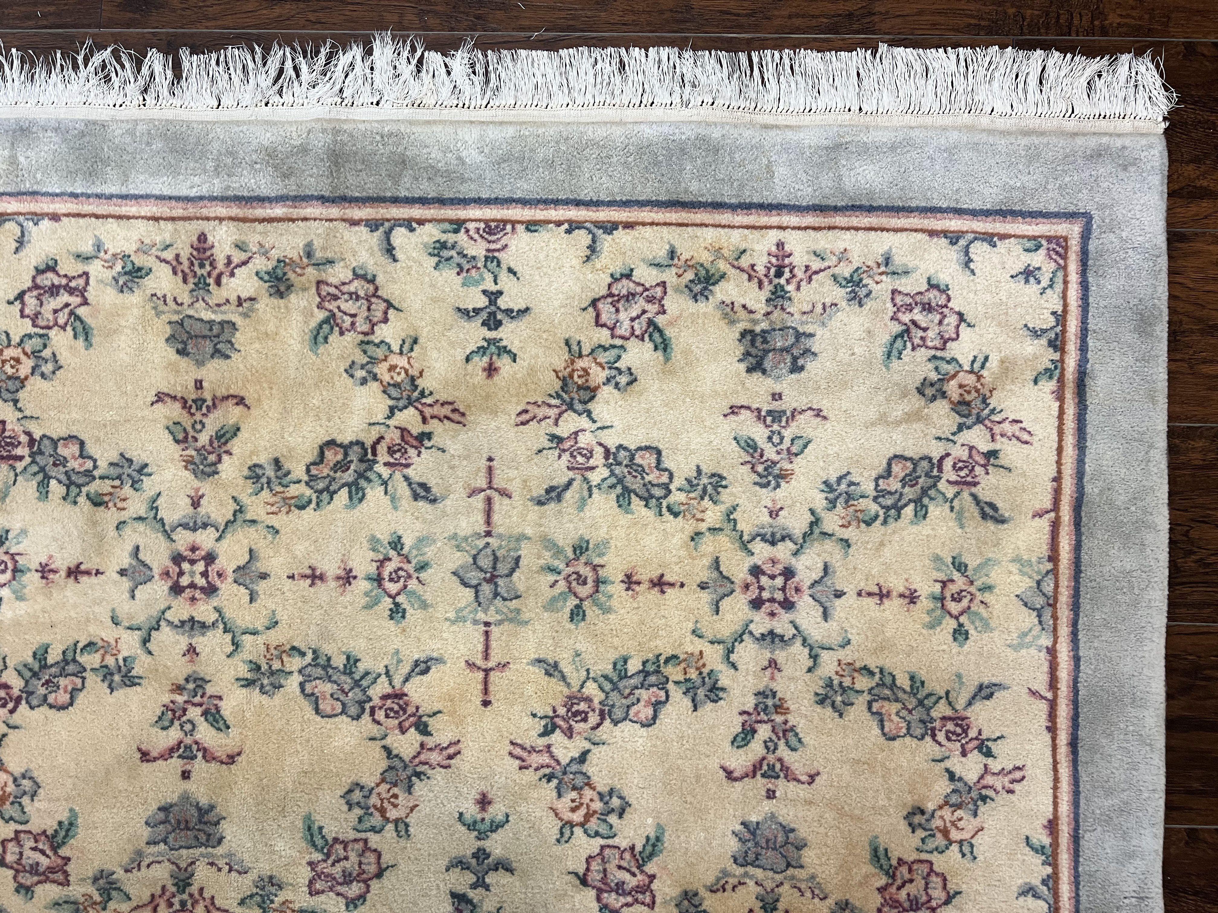 Sino Persian Rug 8x10, Floral, Oatmeal and Light Teal, Handmade Wool Vintage Carpet - Jewel Rugs