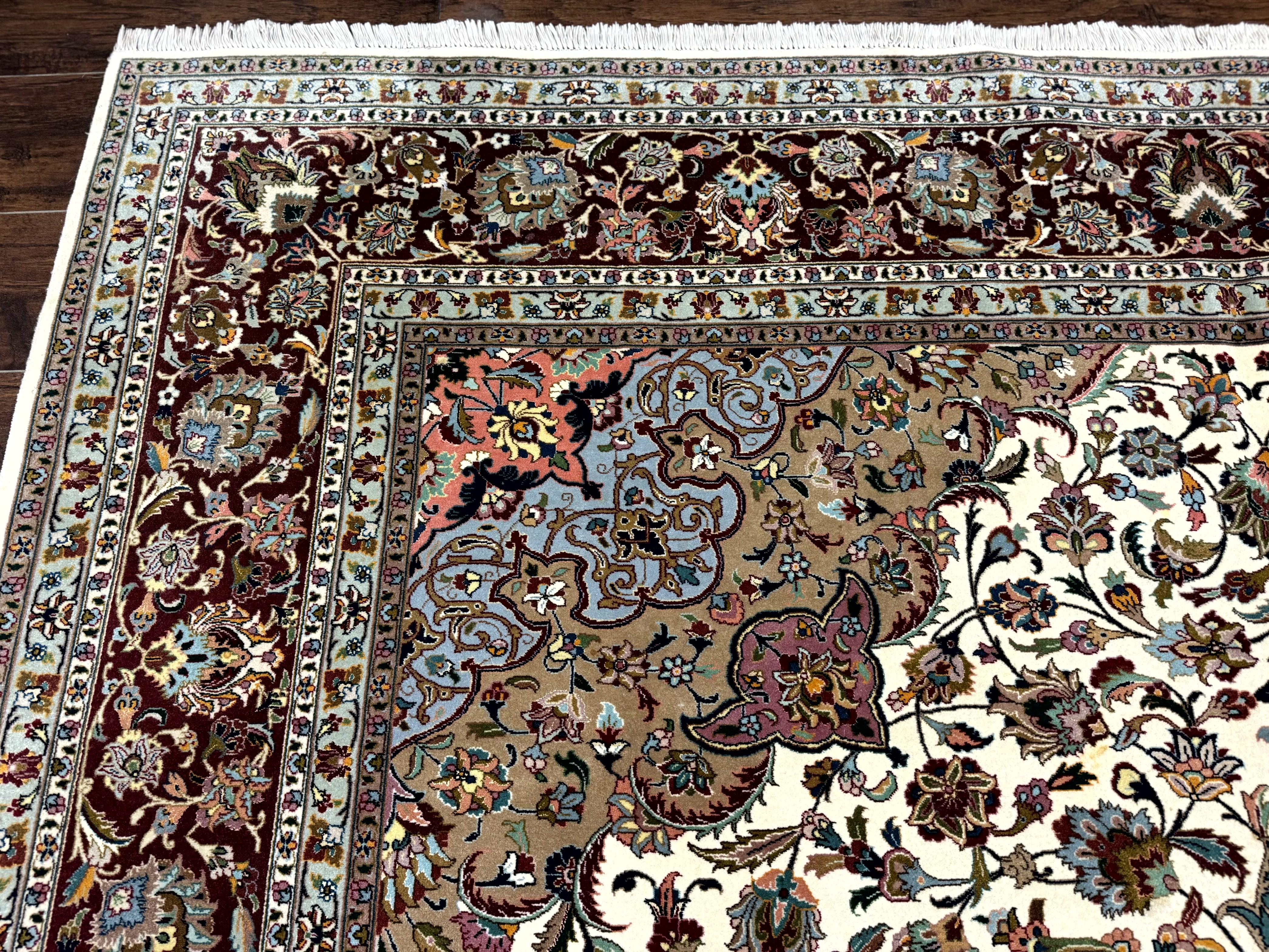 Persian Tabriz Rug 8x11, Floral Medallion Traditional Area Rug, Fine 300 KPSI, Ivory Maroon - Jewel Rugs