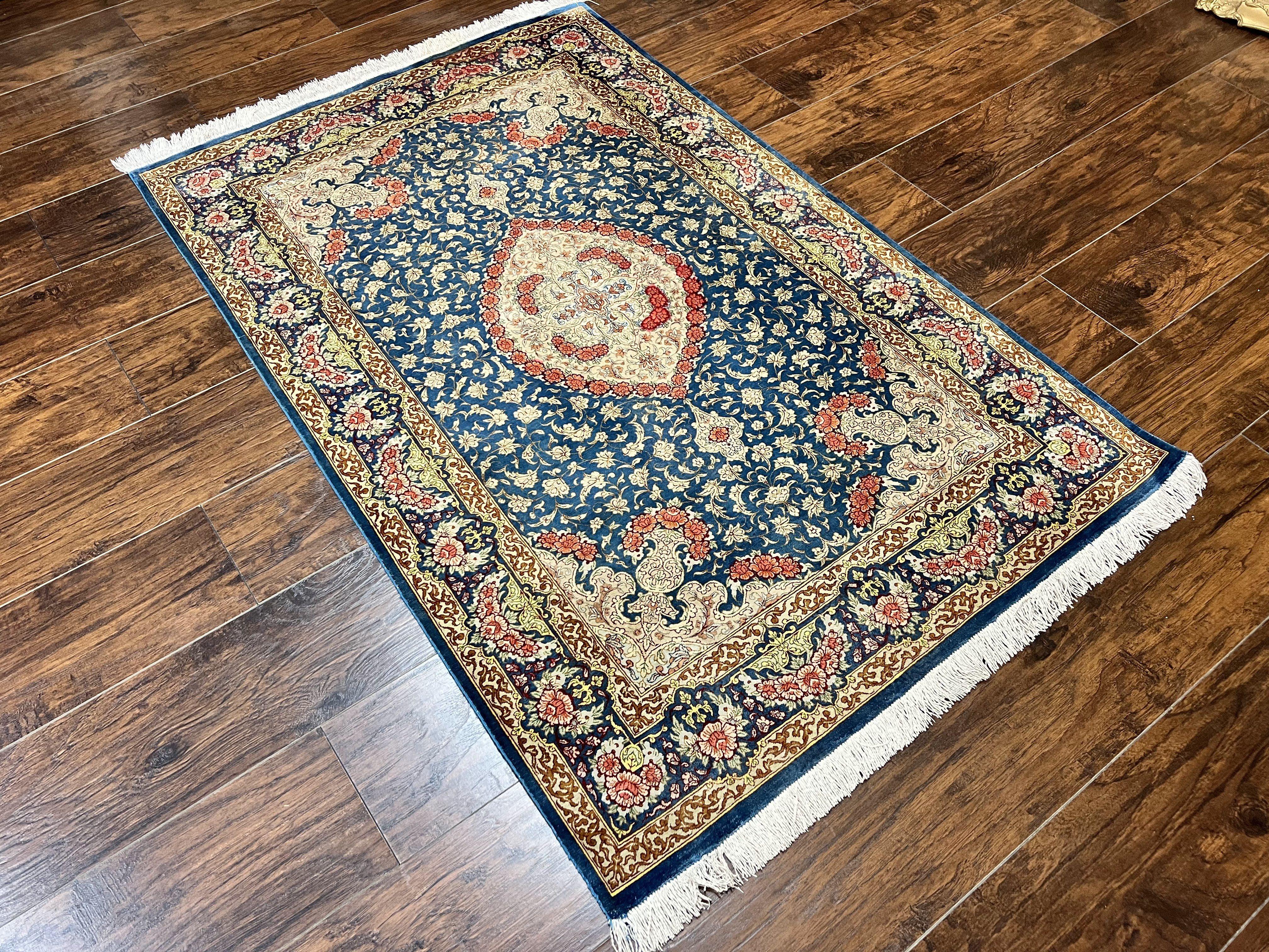 Magnificent Persian Qum Silk Rug 3x5, Blue, Super Fine 675 KPSI - 70 Raj, Floral Roses, Handmade Vintage Silk Carpet, Masterpiece - Jewel Rugs