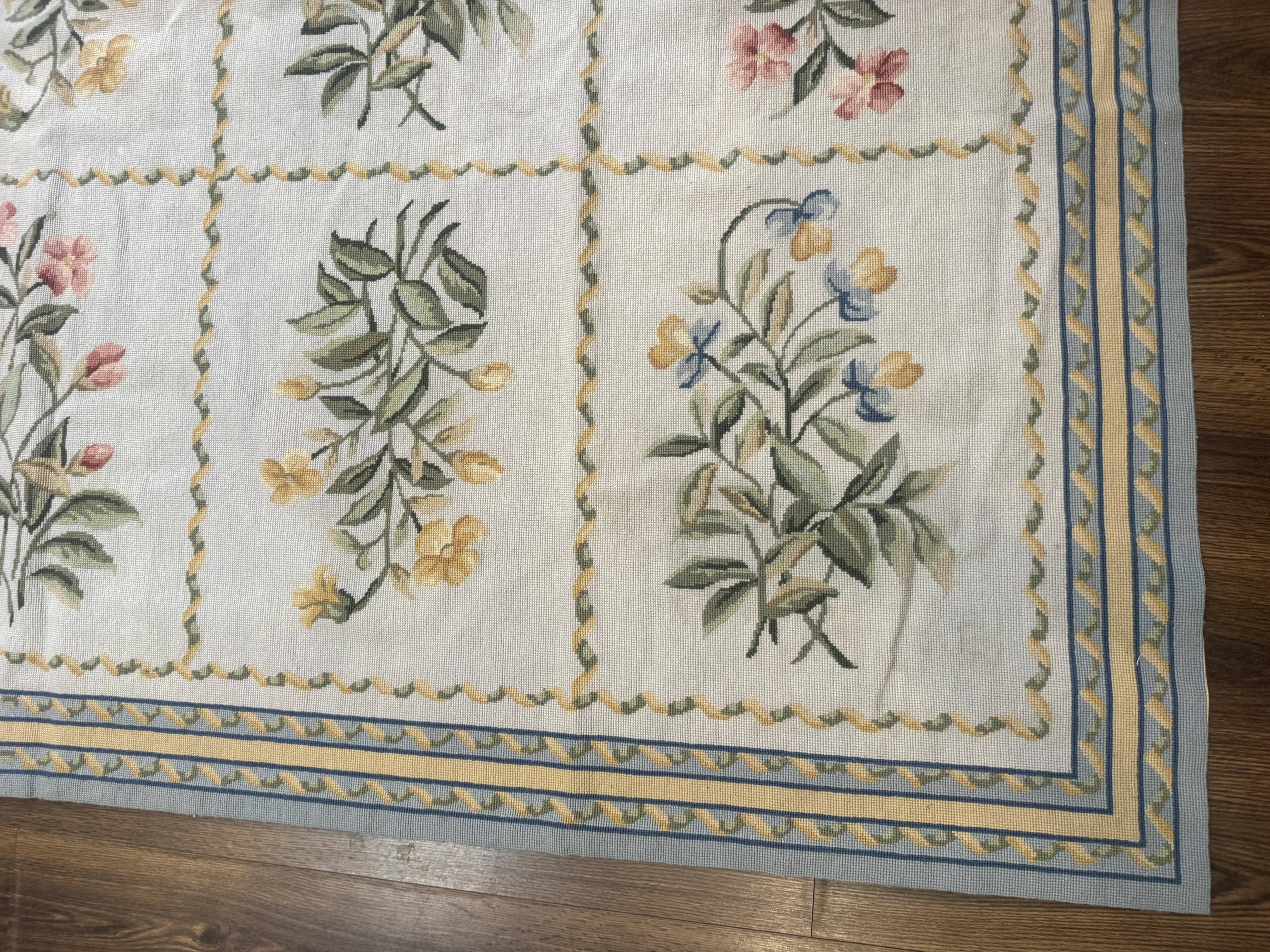 Needlepoint Rug 8x10, Vintage, Aubusson Panel Design, Floral, Wool - Jewel Rugs