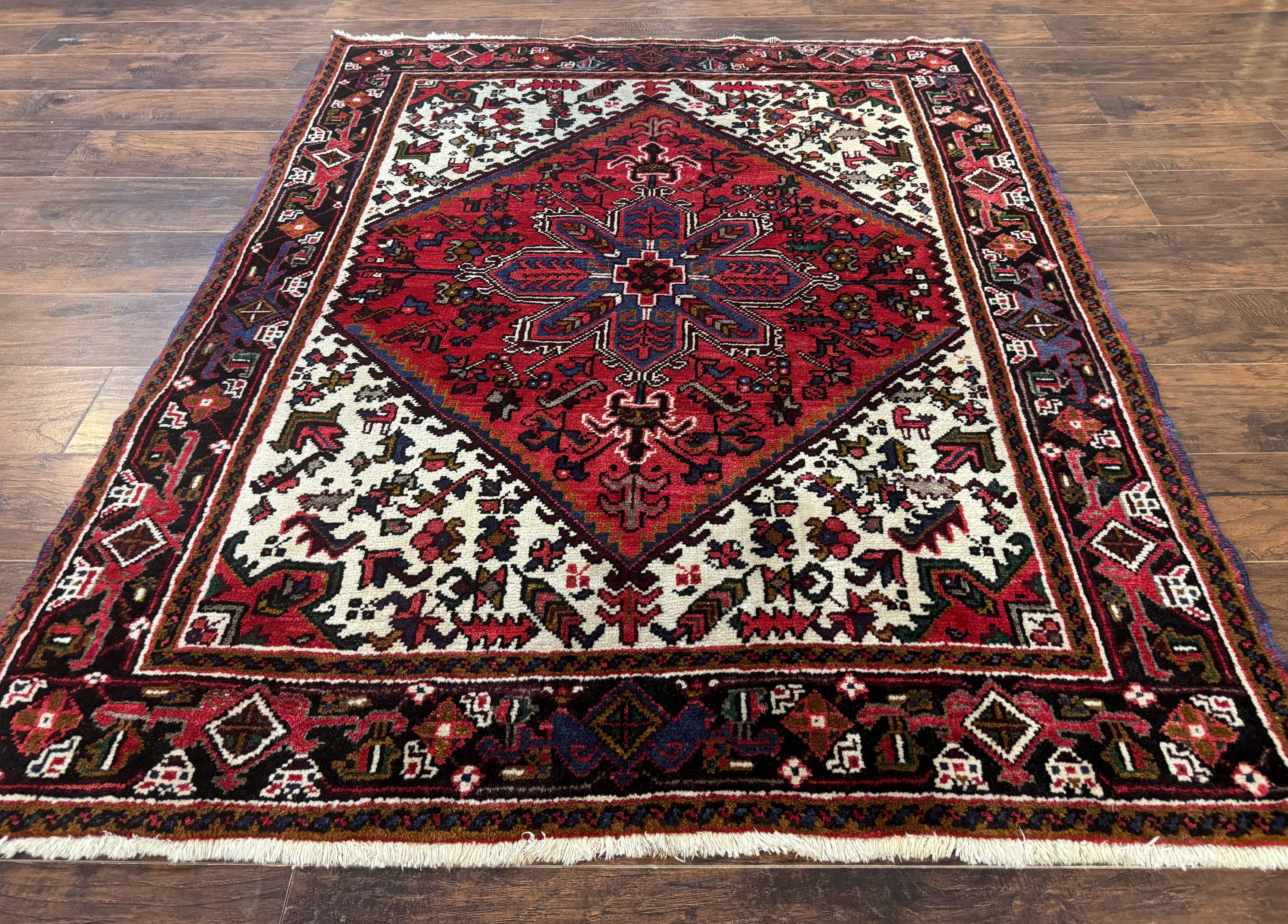Persian Heriz Rug 5x6 – Red and Ivory, Hand-Knotted Wool, Vintage Geometric Carpet - Jewel Rugs
