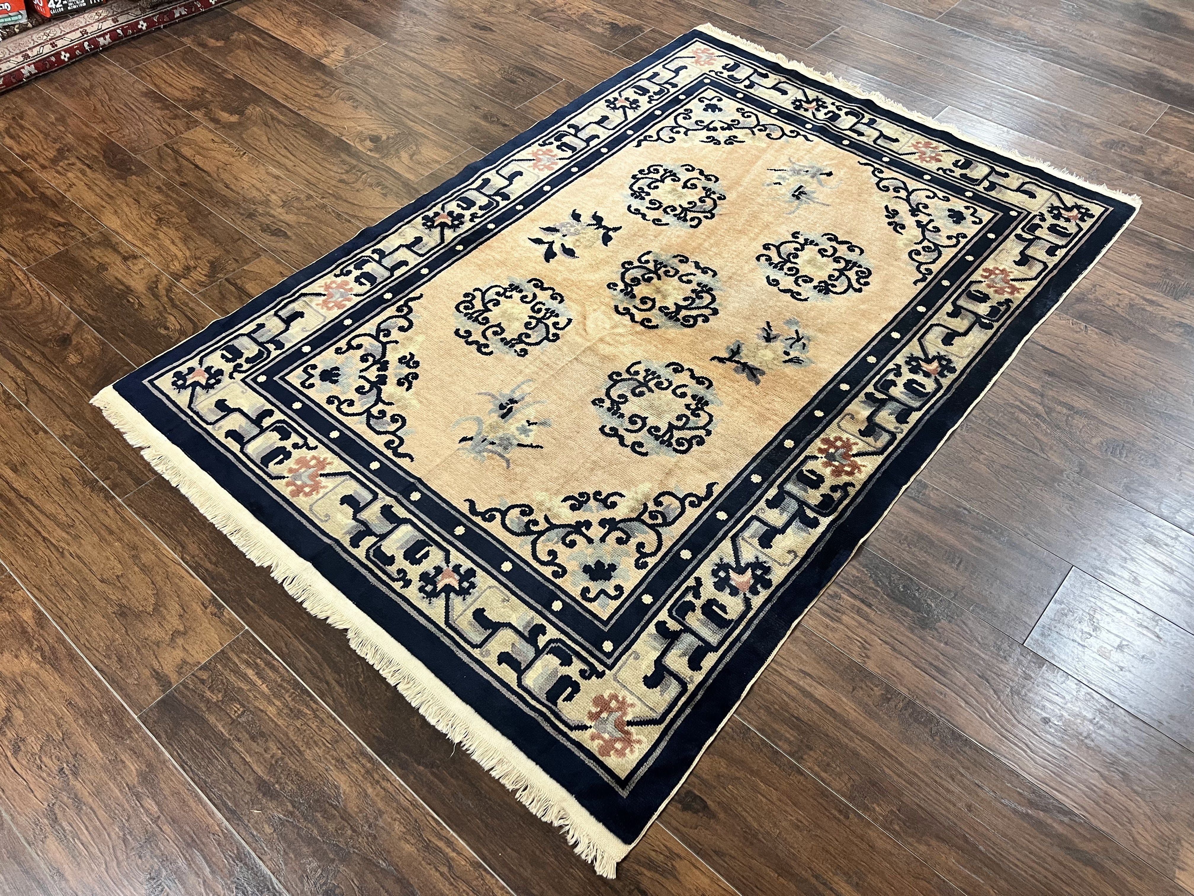 Chinese Peking Rug 4x6, Wool Hand Knotted Handmade Vintage Semi Antique Carpet, Semi Open Field, Light Peach & Navy Blue, Art Deco Rug - Jewel Rugs