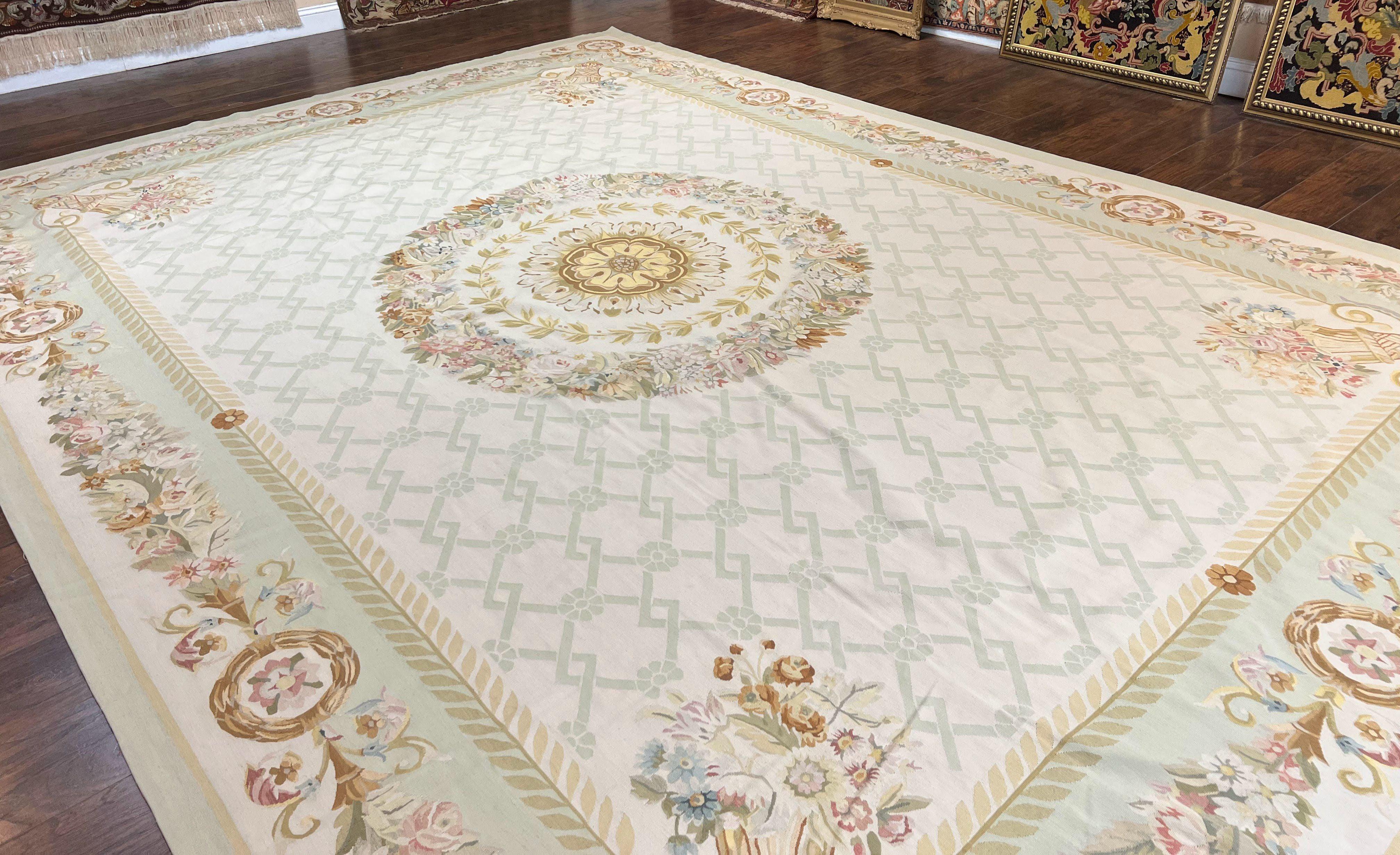 10x14 Aubusson Rug, Wool Handmade Vintage Carpet, French European Design, Elegant - Jewel Rugs