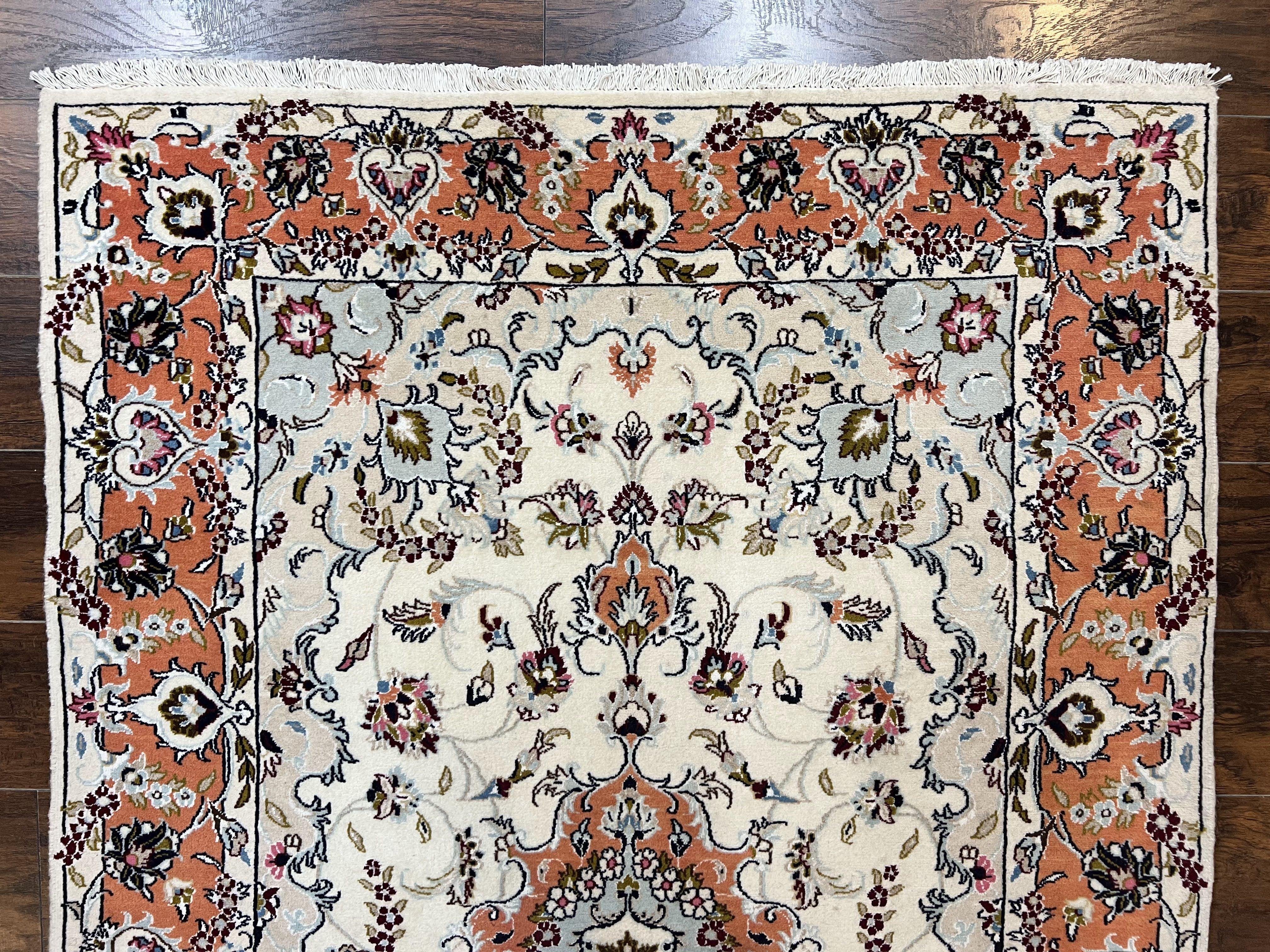 Persian Tabriz Rug 4.5 x 6.8, Finely Hand Knotted Wool with Silk Highlights Vintage Oriental Carpet, Cream and Salmon, High KPSI, Floral Medallion - Jewel Rugs