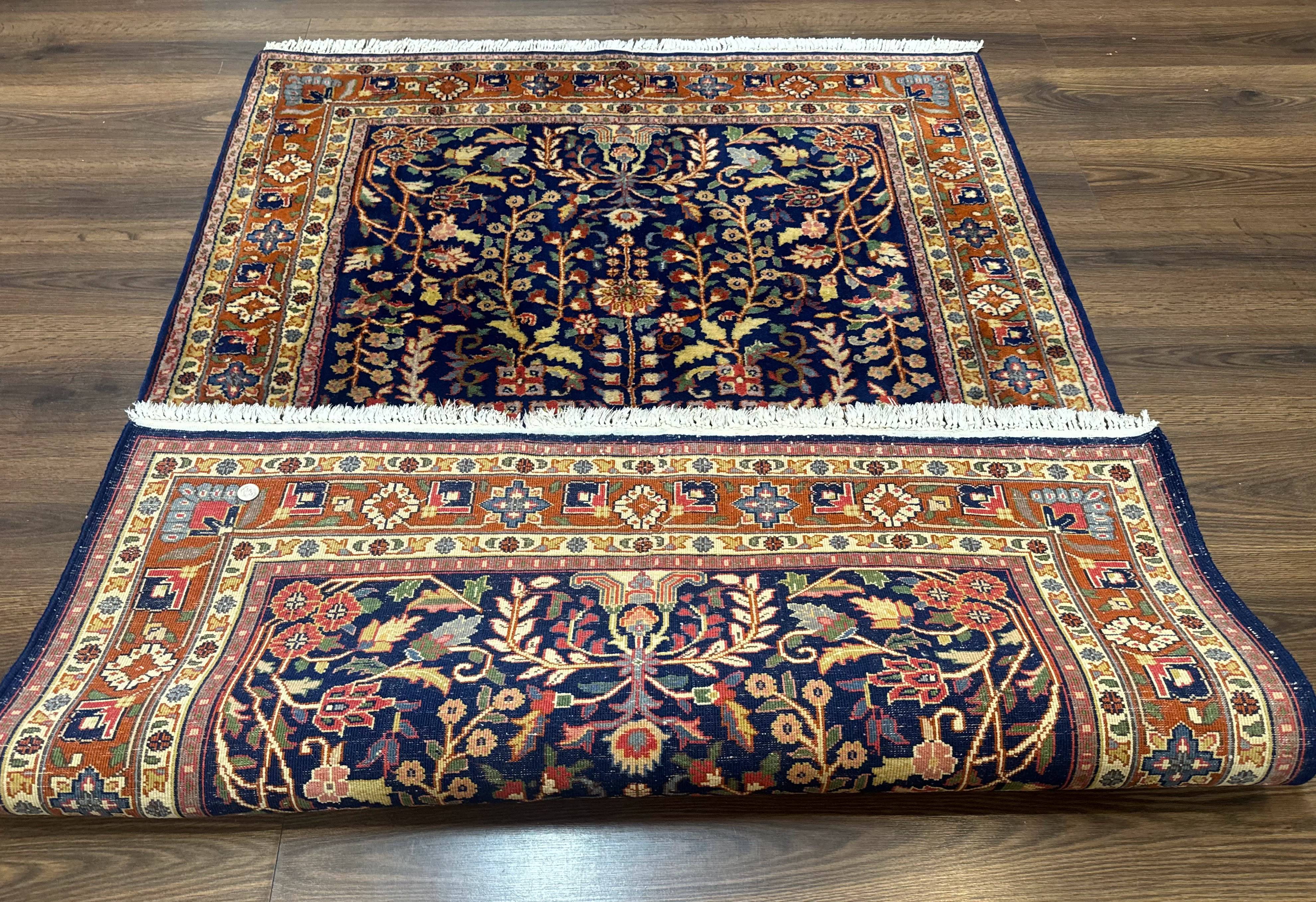 Indo Persian Sarouk Rug 4x6, Blue and Rust Red - Jewel Rugs