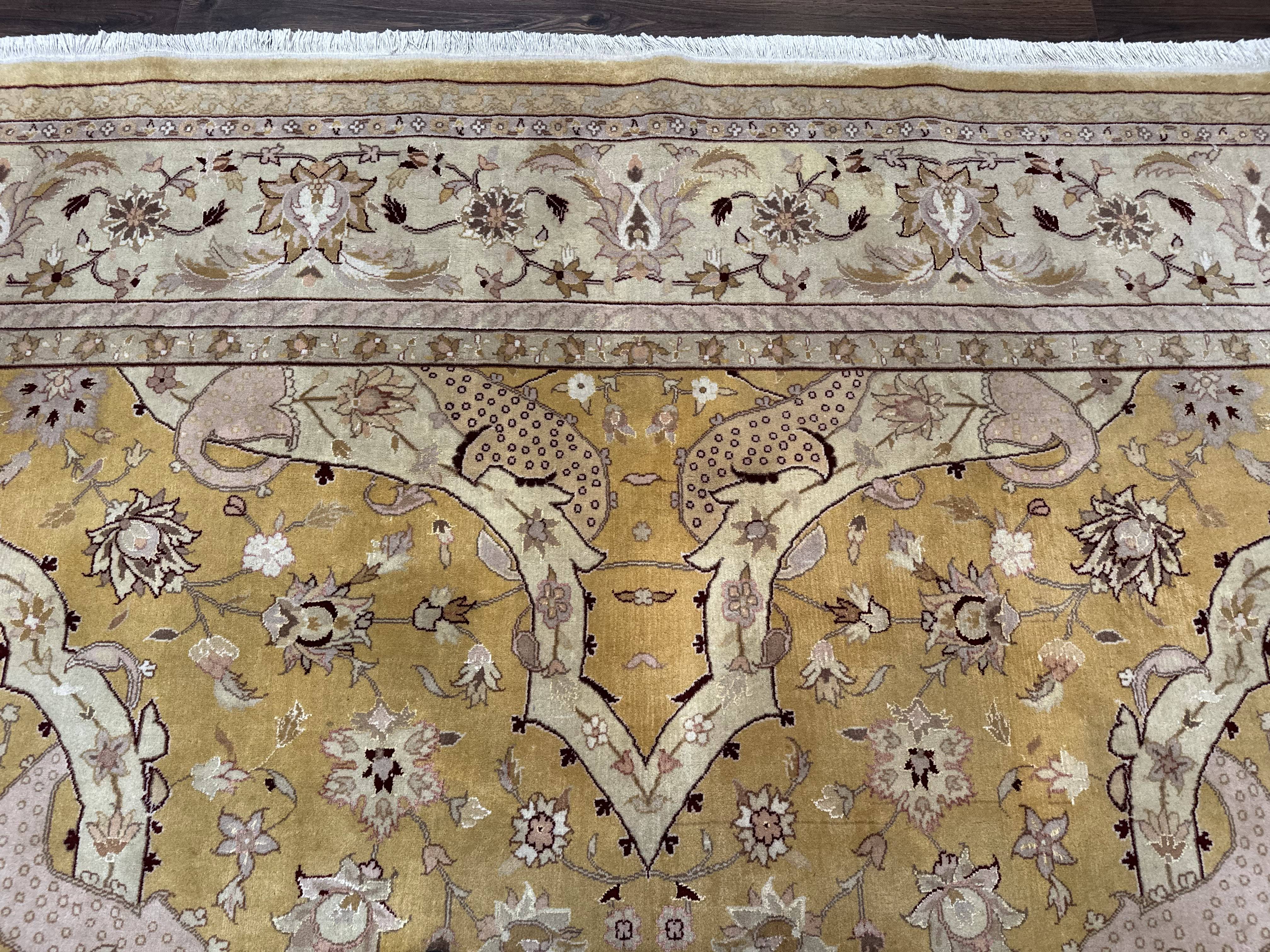 Sino Persian Rug 8x11, Wool with Silk Highlights, Unique Colors, Gold and Light Green, Fine 240 KPSI - Jewel Rugs