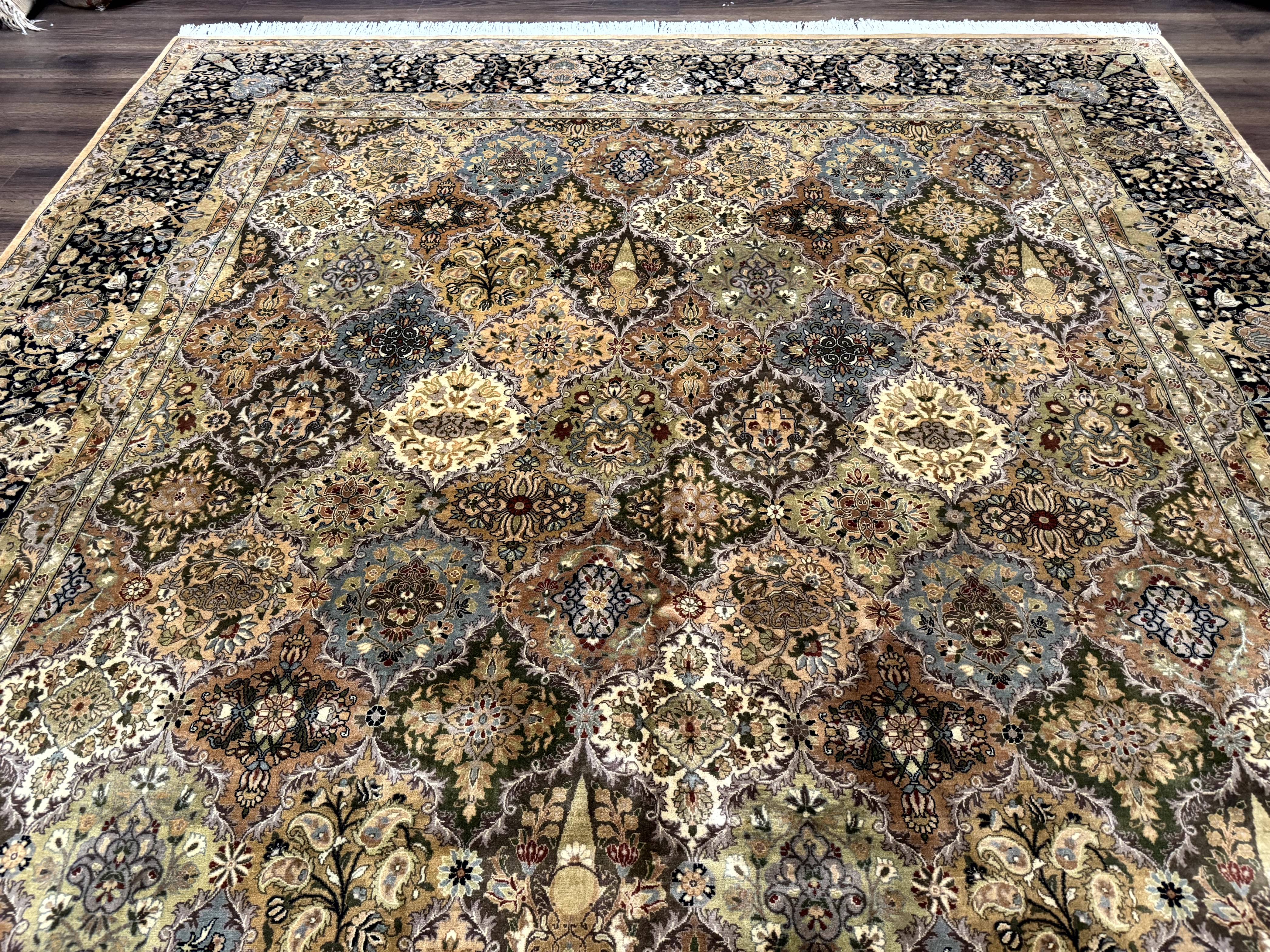 Pakistani Persian Rug 9x12, Multicolor Panel Design, Tan-Gold, Fine 270 KPSI - Jewel Rugs