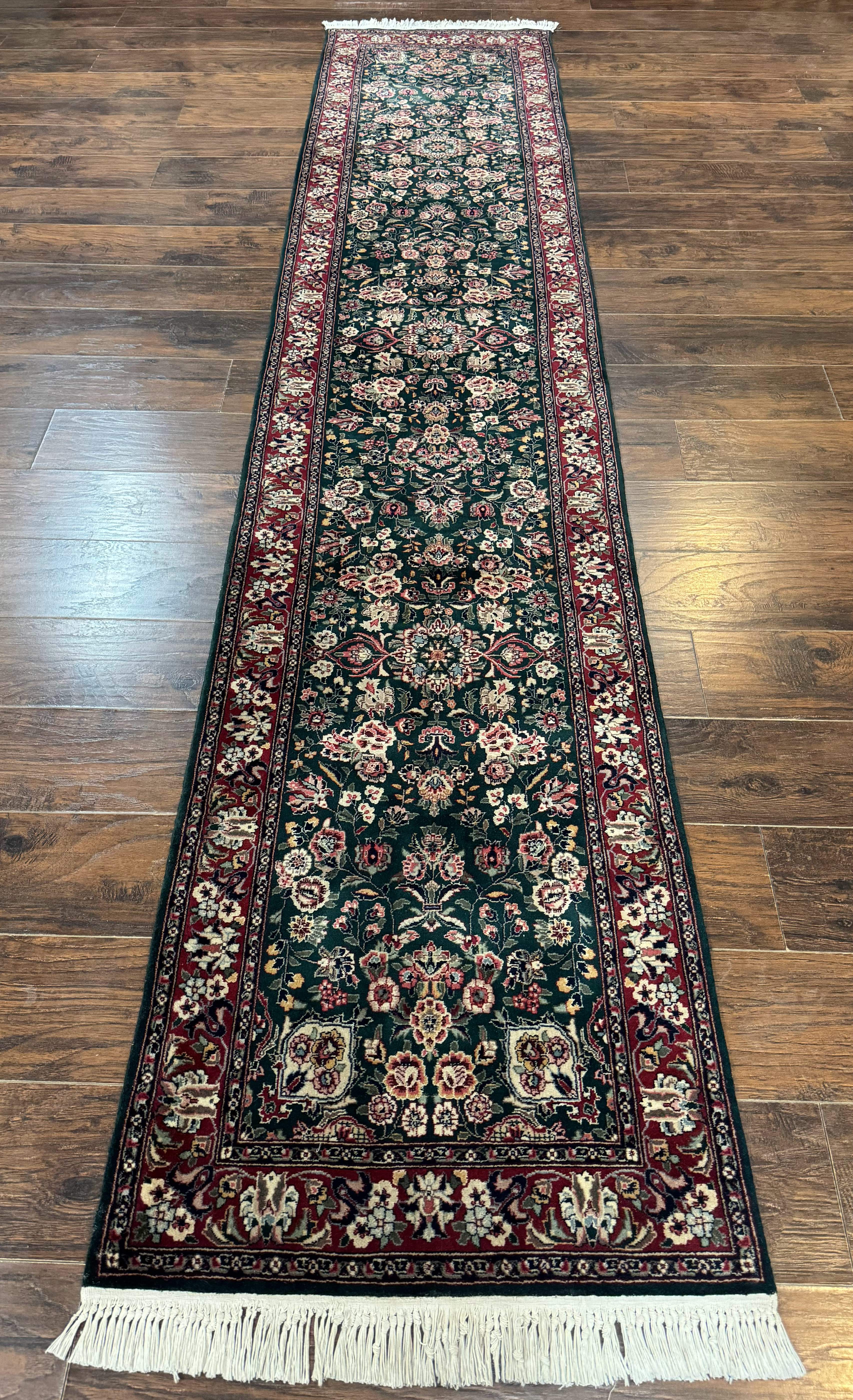 Pak Persian Runner Rug 3x12 – Dark Green and Wine Red, Hand-Knotted Wool, Vintage - Jewel Rugs