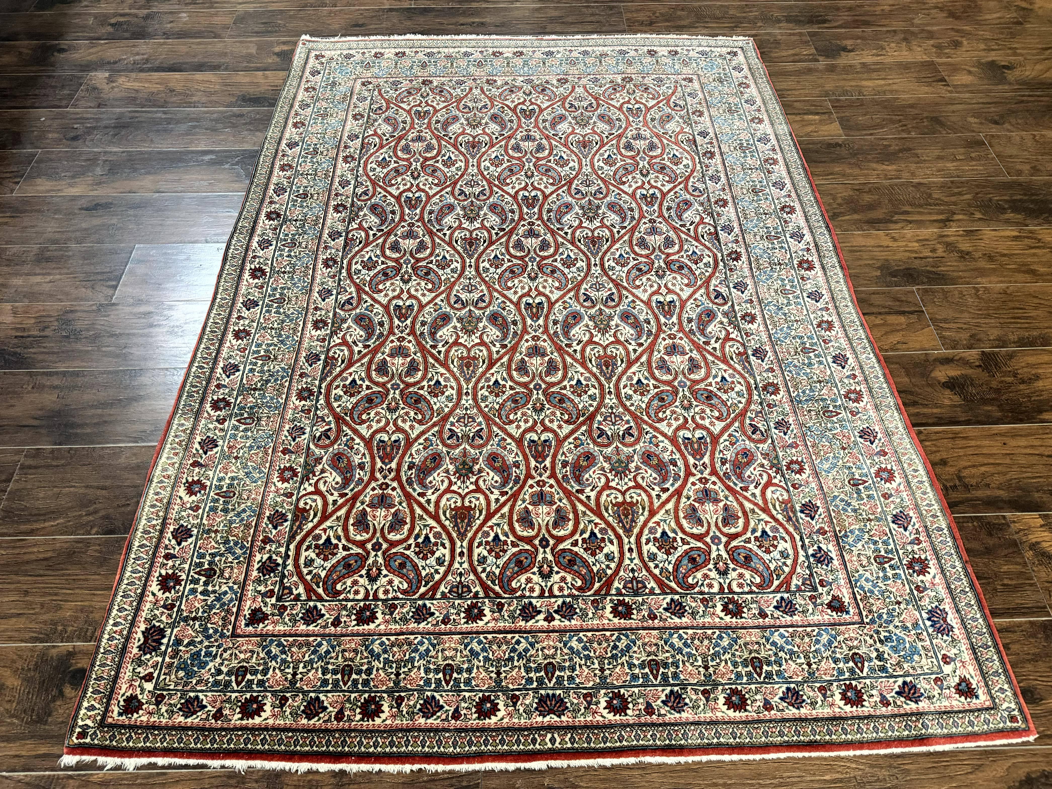 Unique Persian Qum Rug 5x7, Repeated Paisely Boteh Design, Ivory Red Blue, Handmade Antique Wool Persian Carpet, Finely Hand Knotted - Jewel Rugs
