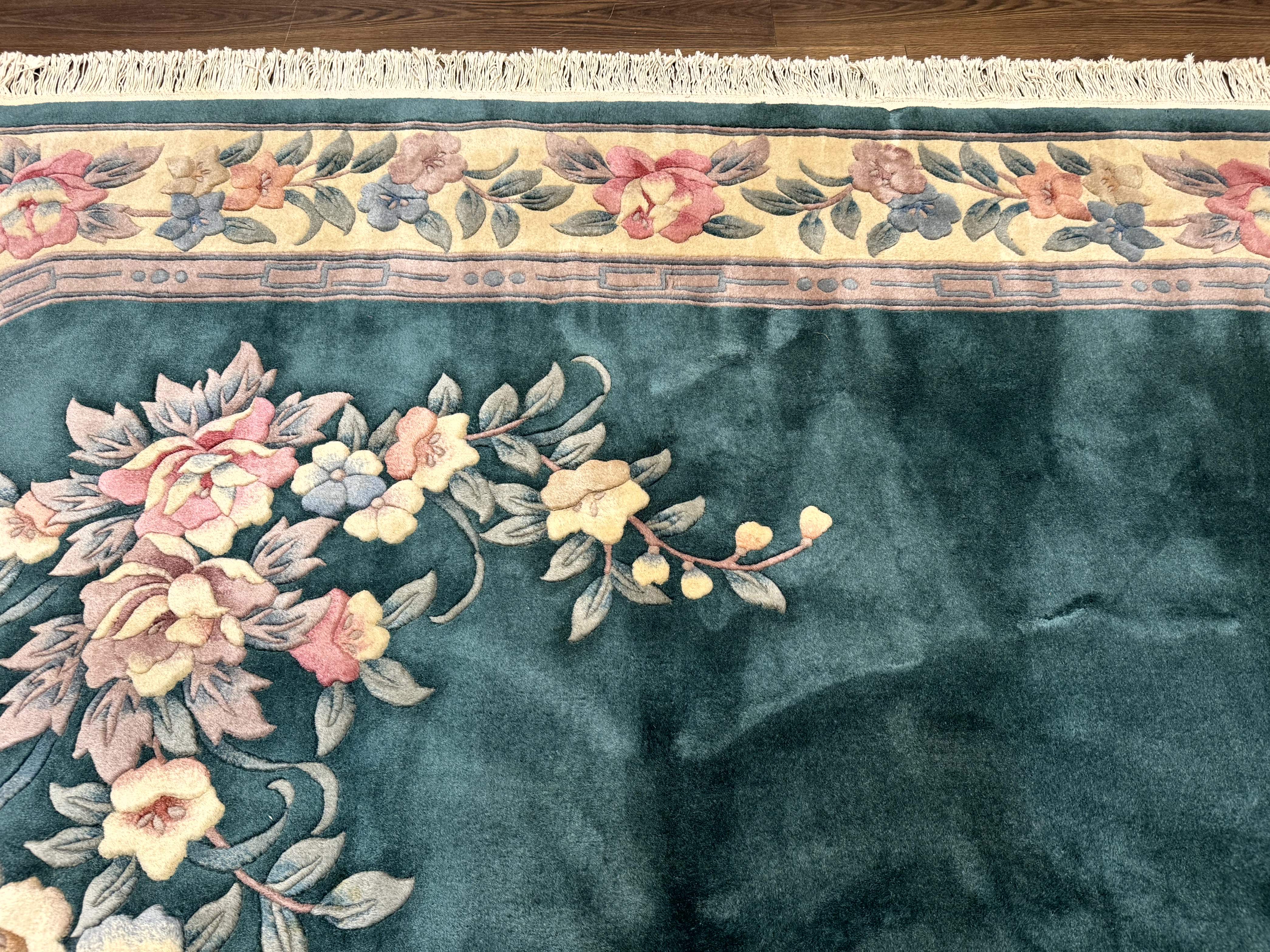 Chinese 90 Line Rug 8x11 ft – Teal and Beige, Hand-Knotted Wool, Aubusson Vintage Carpet - Jewel Rugs