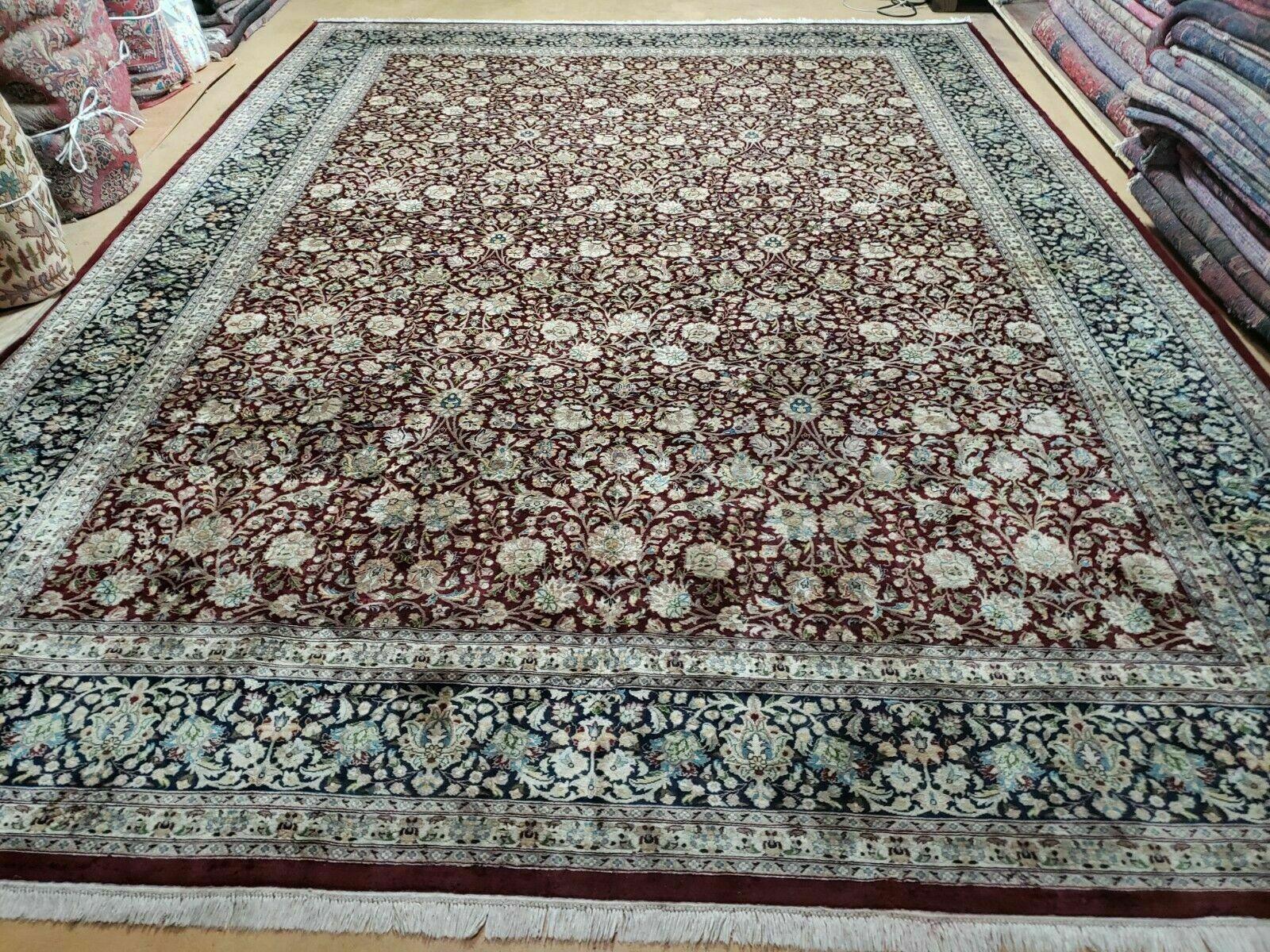 Persian Rug 9x12, Floral Allover, Very Fine, Handmade, Room Sized Oriental Carpet, Sino Persian, Maroon and Navy Blue - Jewel Rugs