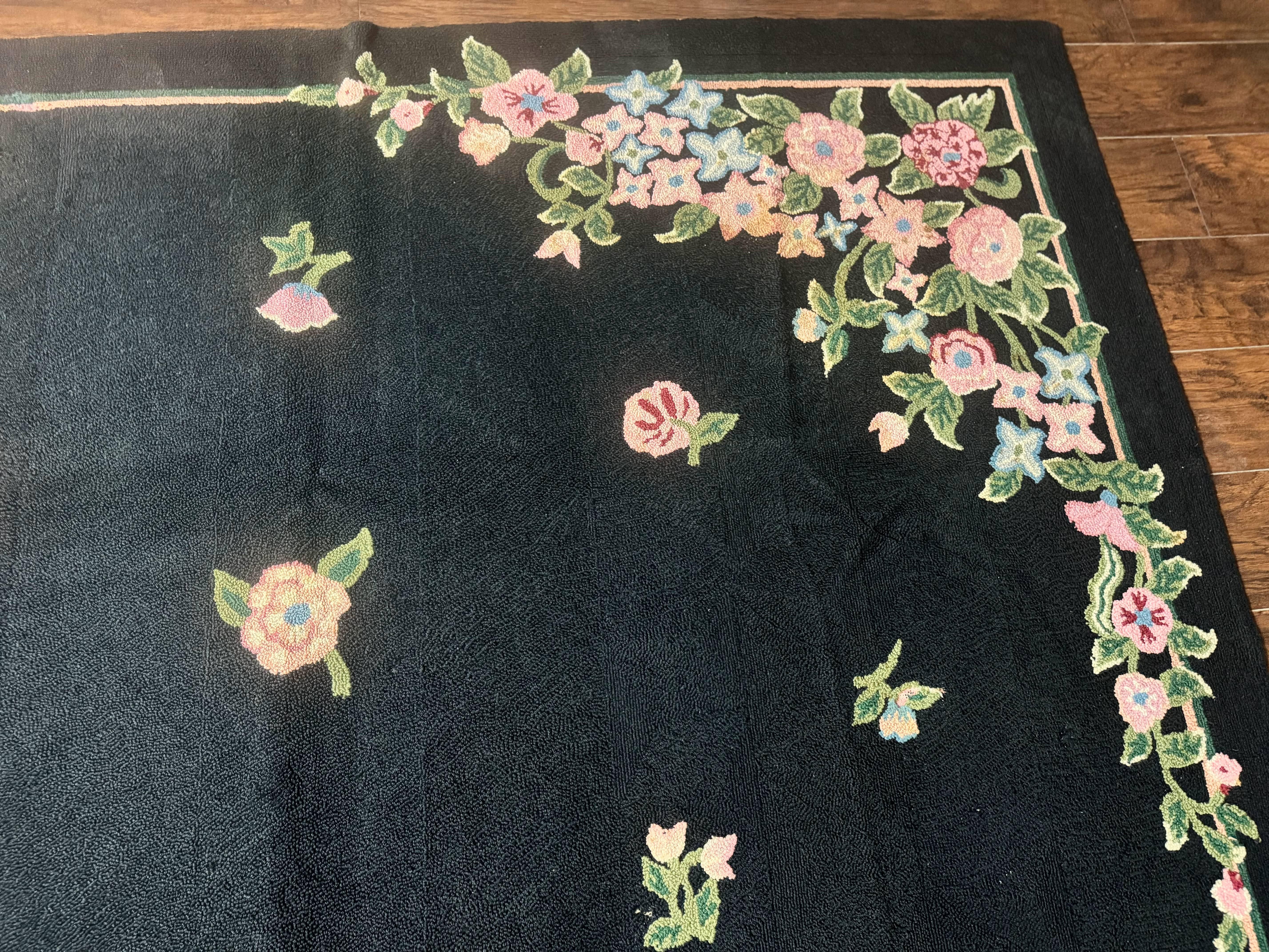 Vintage Hand Hooked Rug 8x11, Black, Handmade Floral Carpet - Jewel Rugs