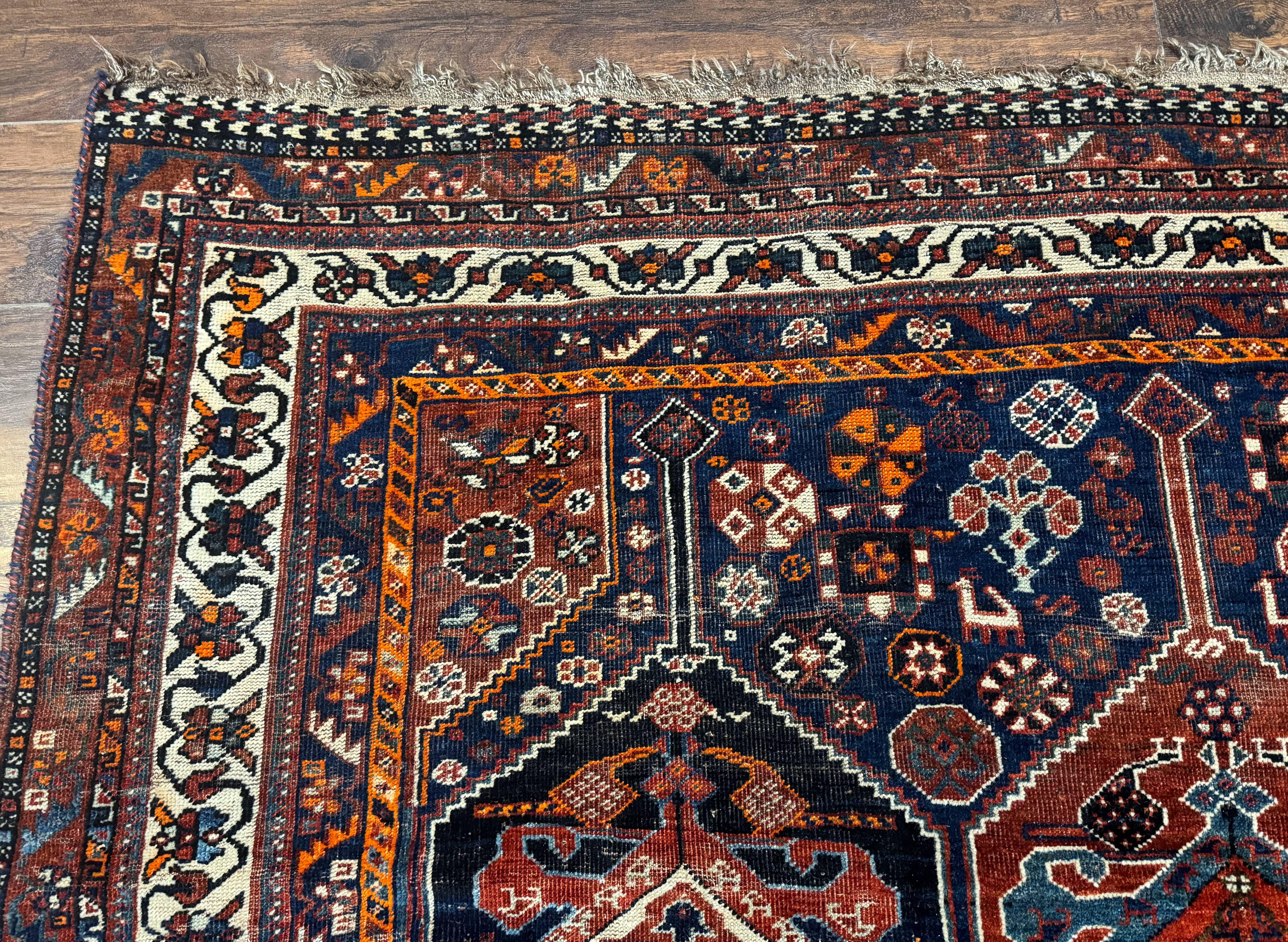 Persian Tribal Rug 7x10, Panel Design, Wool on Wool, Dark Blue, Antique Persian Carpet, Persian Shiraz Rug - Jewel Rugs