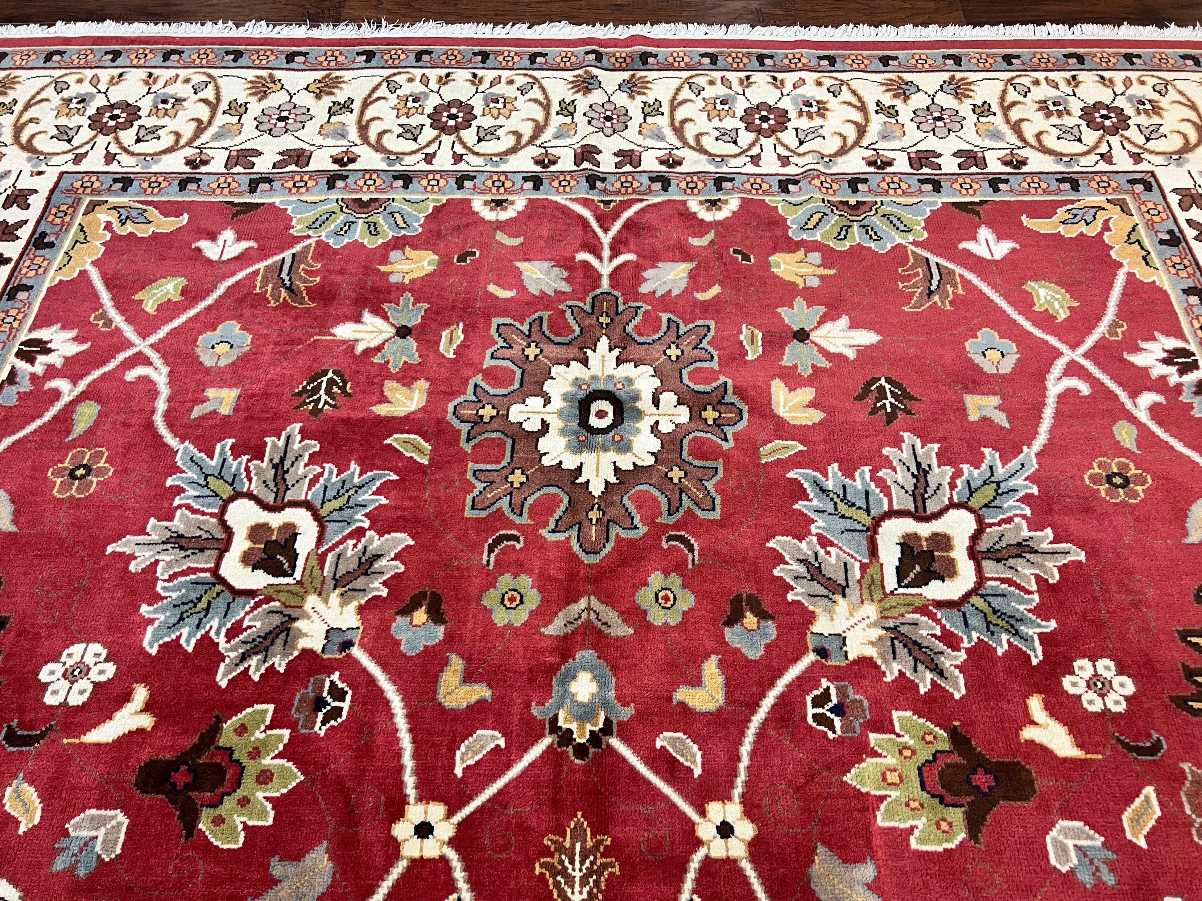 Indo Persian Rug 9x12, Wool Hand Knotted Vintage Carpet, Red & Ivory, Floral Allover, 9 x 12 Room Sized Rug - Jewel Rugs