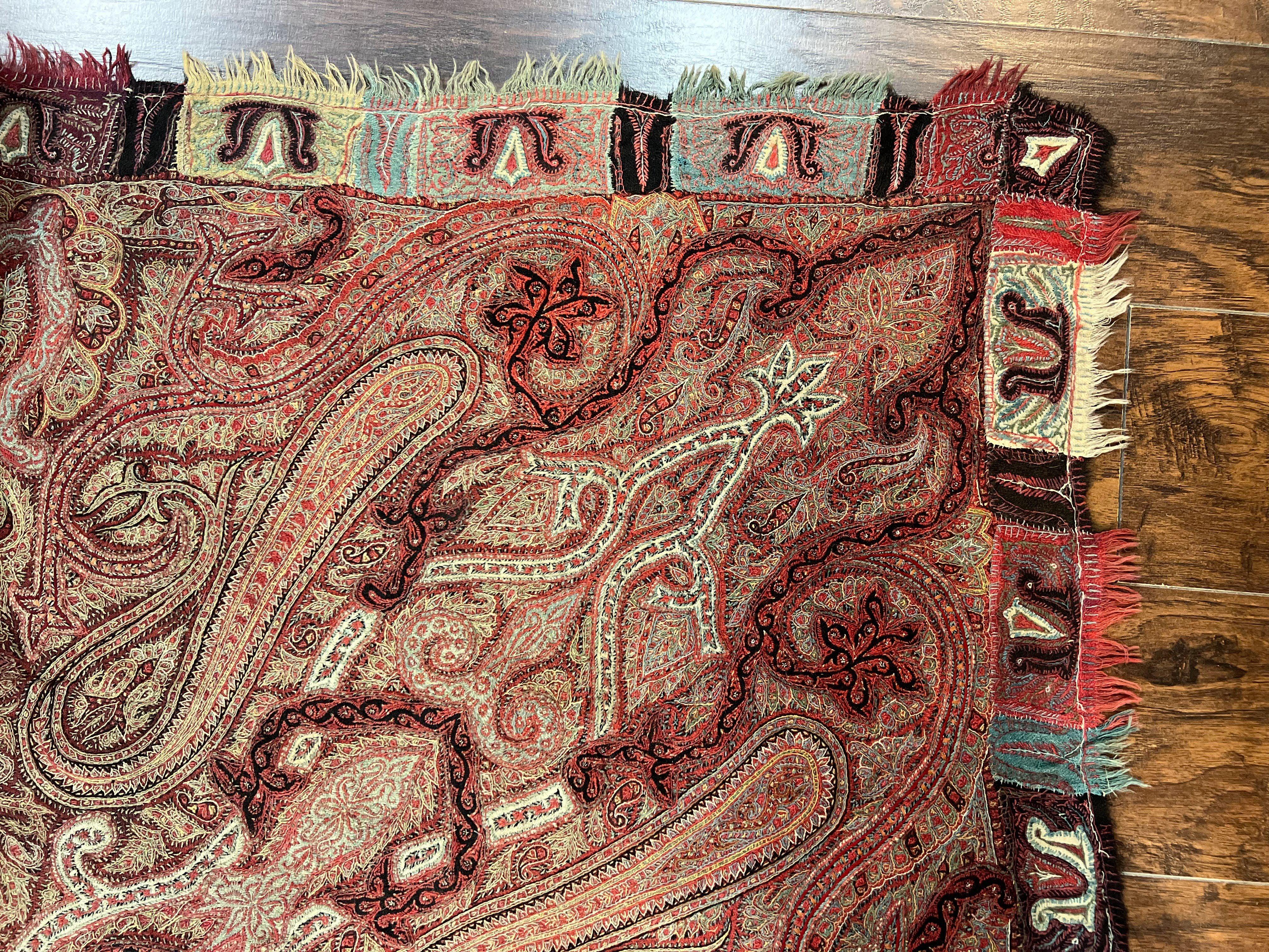 Antique Indian Kashmiri Shawl, Needlework, Signed By Masterweaver, Handmade, Rare - Jewel Rugs