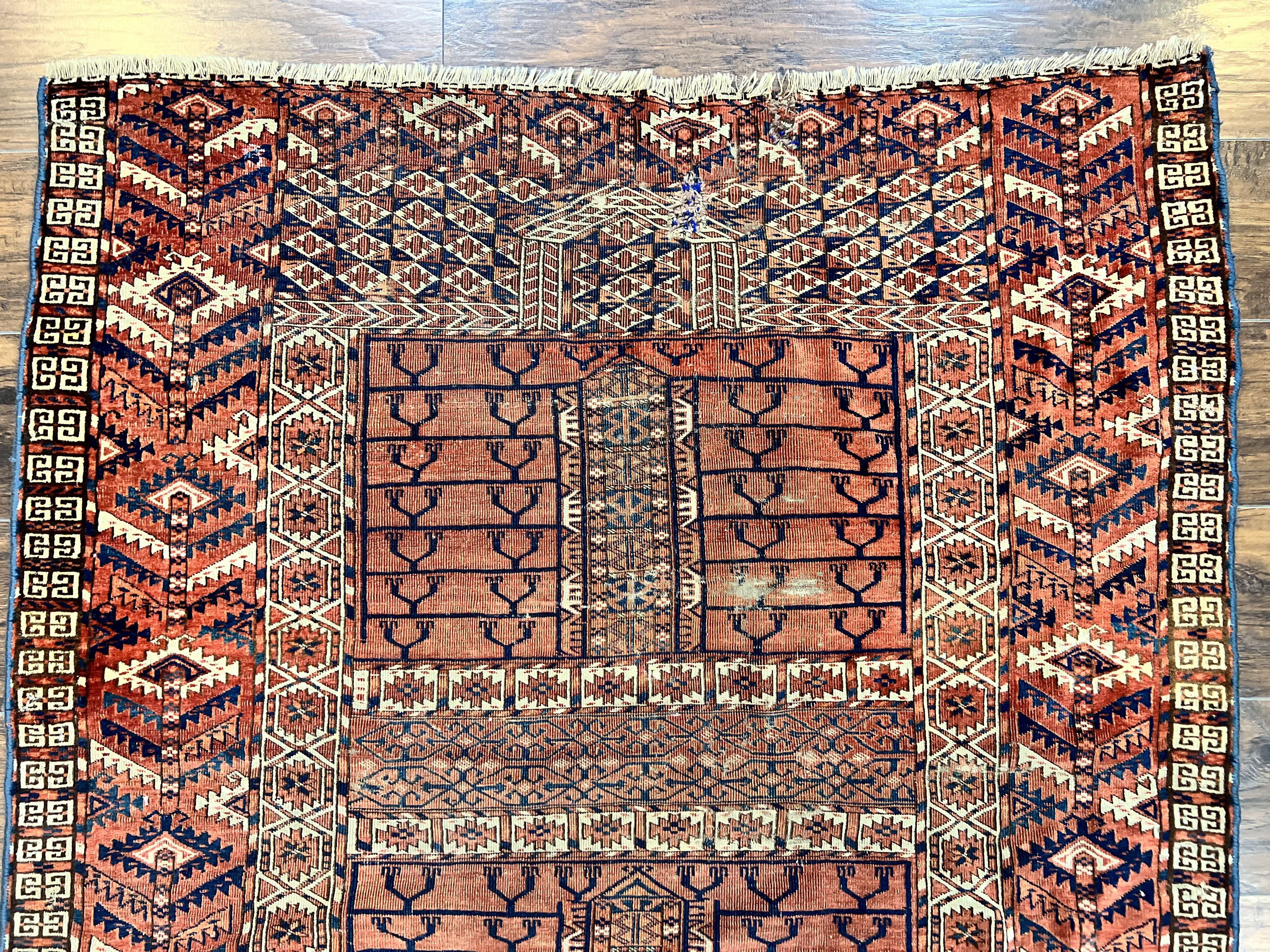 Antique Turkoman Rug 4x4, Hatchli Square Carpet, Wool Handmade Four Season Yamud Design Rug, Red Bohemian Tribal Rug, Engsi Tekkeh Rug - Jewel Rugs