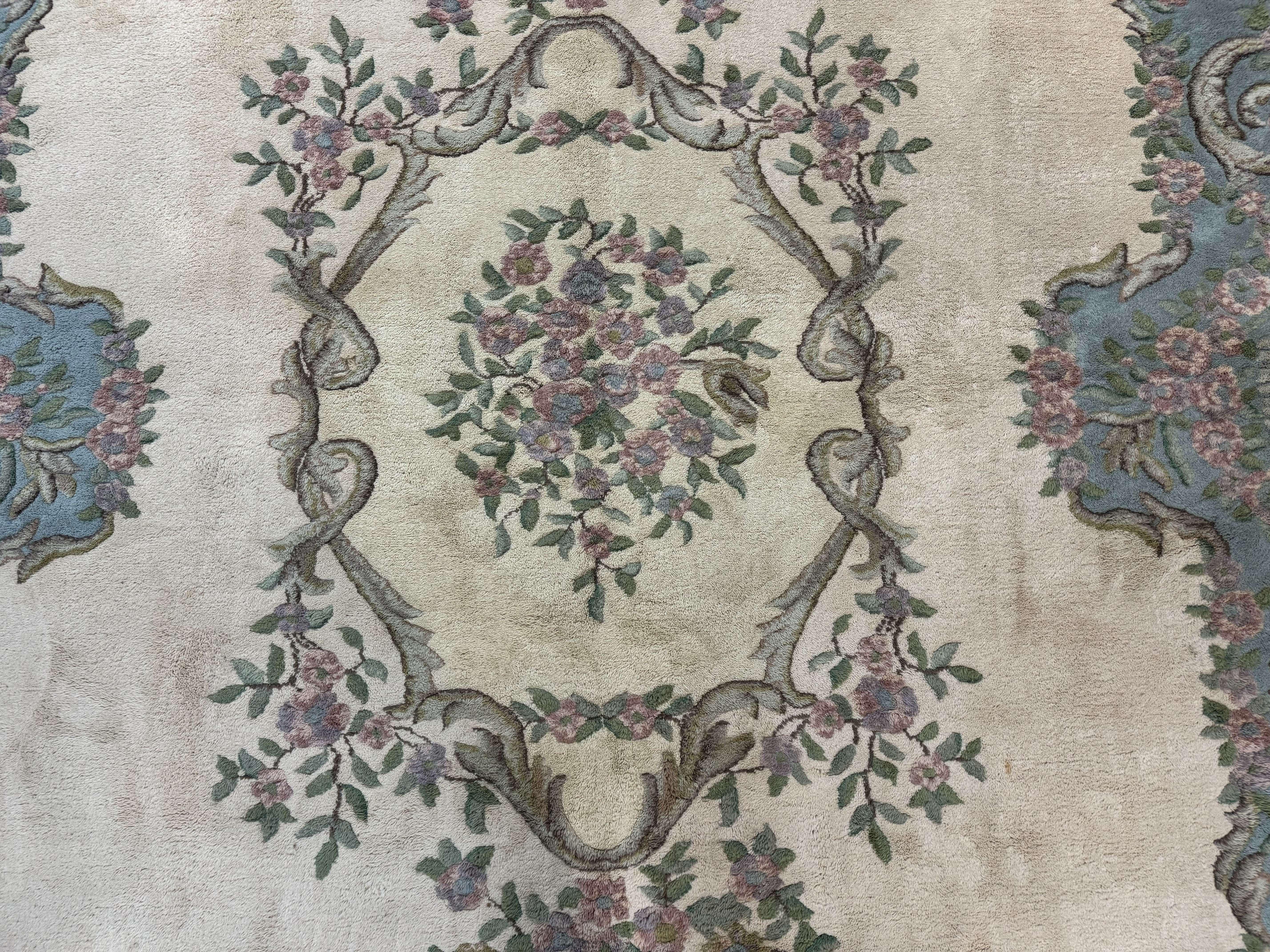 Indo Chinese Aubusson Rug 9x12, Beige and Light Blue, European Design, Wool Area Rug - Jewel Rugs