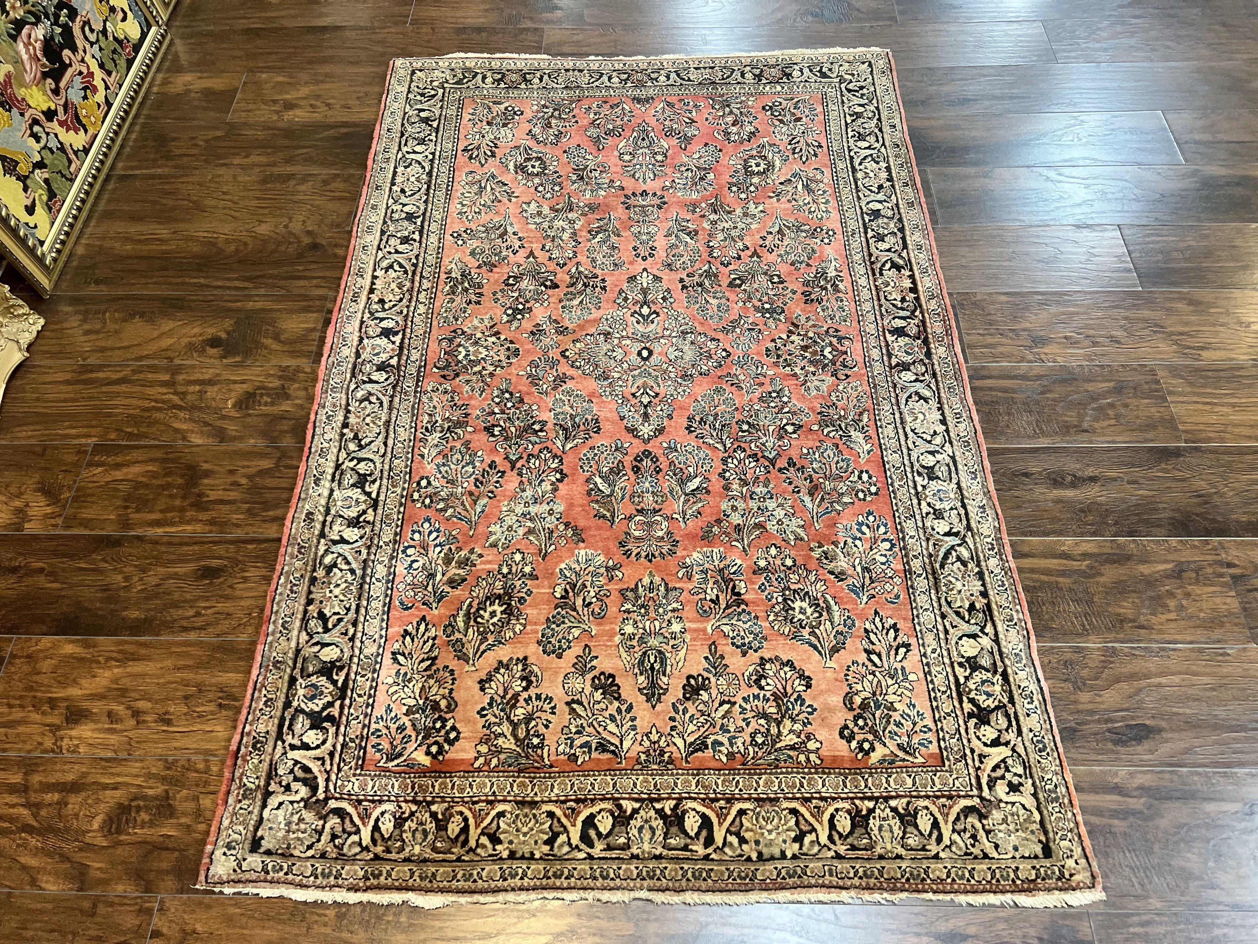 Antique Persian Sarouk Rug 4x7, Hand Knotted Wool Red Persian Carpet, Floral, Fine 300 KPSI - Jewel Rugs