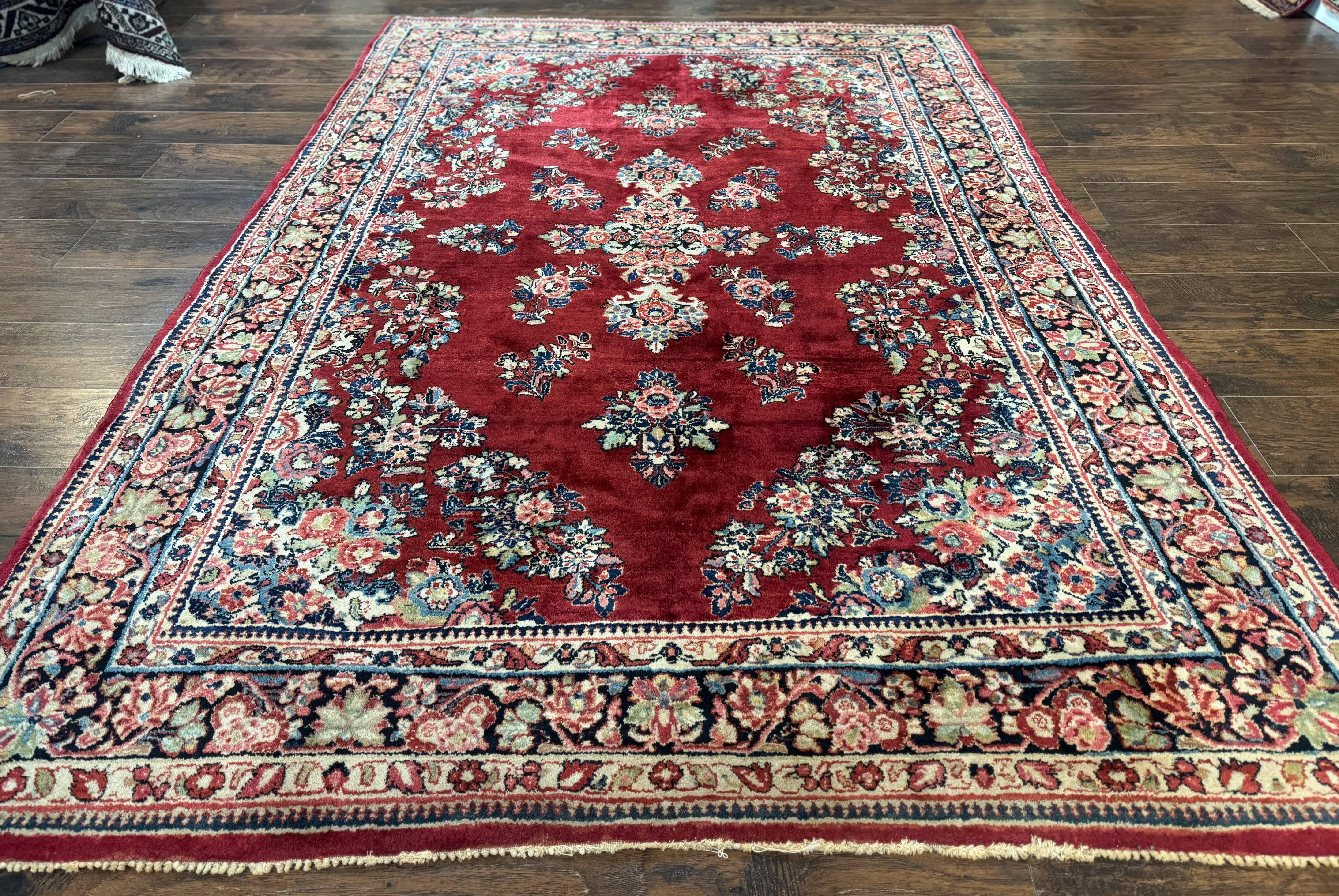 Antique Persian Sarouk Rug 6x9, Red Navy Blue, Handmade, Wool - Jewel Rugs