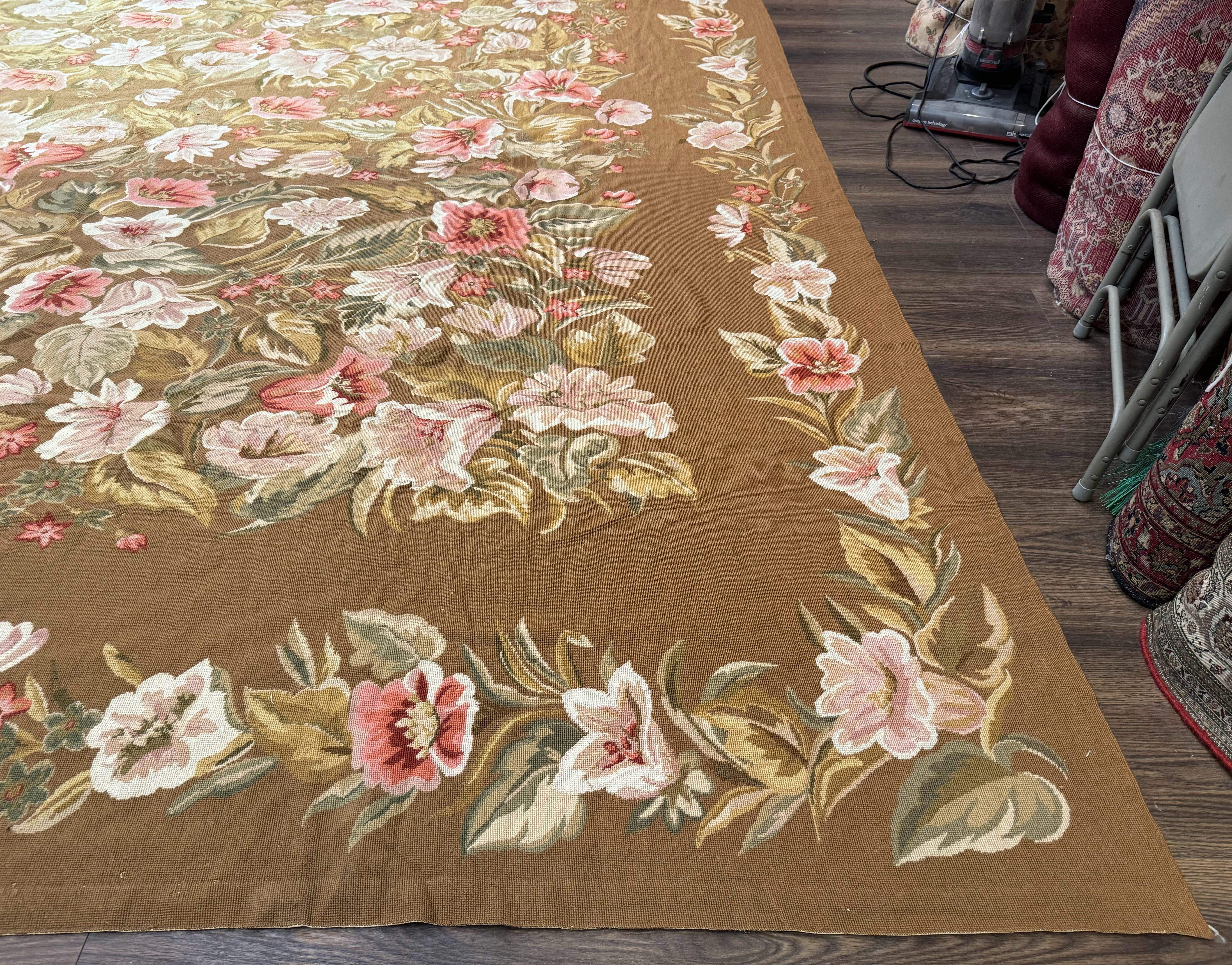 Large Needlepoint Rug 11x14, Vintage Floral Wool Carpet, Caramel - Jewel Rugs