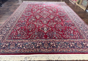 Karastan Rug 8 x 11.6, Rose Sarouk 300-1007, Vintage Wool Karastan Carpet, Beligum Power Loomed Rug, Floral, Red, Wool Pile
