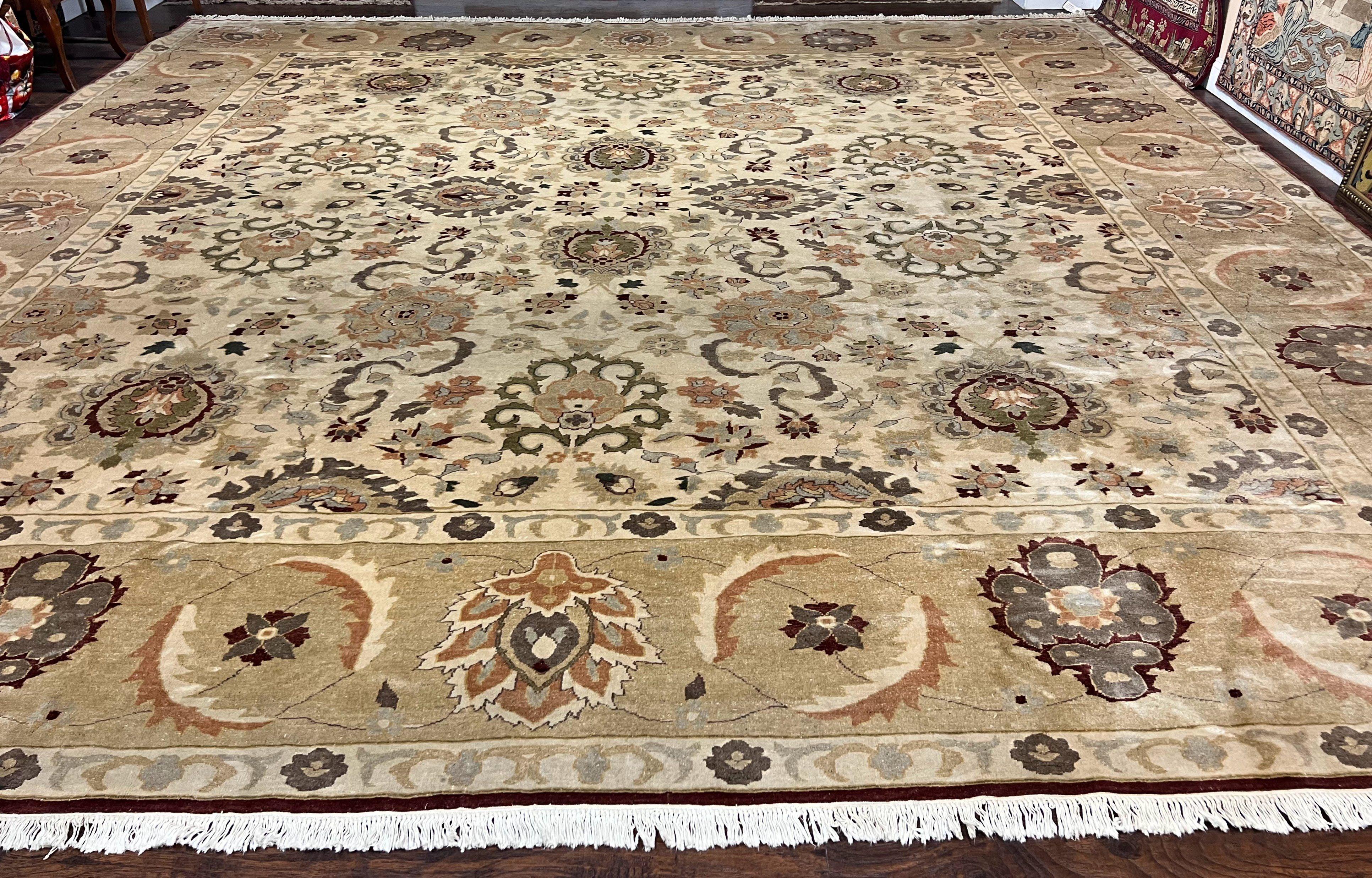 Large Egyptian Mahal Rug 16x16, Square Handmade Wool Rug, Rare Size 16 x 16 ft, Sultanabad Rug, Wool Handmade Vintage Carpet, Beige - Jewel Rugs