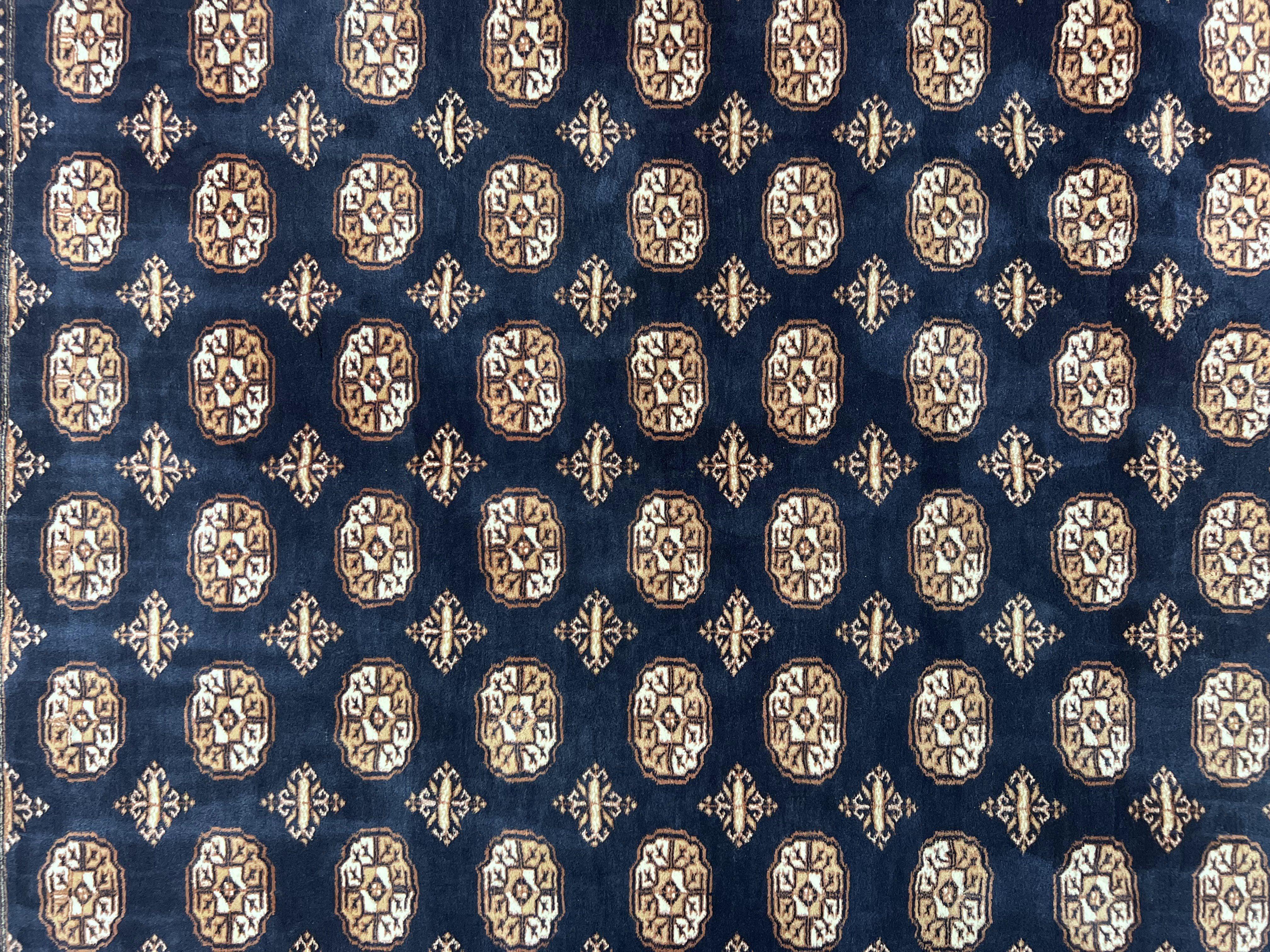 Pakistani Bokhara Rug 8x10, Turkoman Carpet 8 x 10, Dark Blue Ivory Cream Tan, Hand Knotted Vintage Handmade Wool Tribal Rug - Jewel Rugs