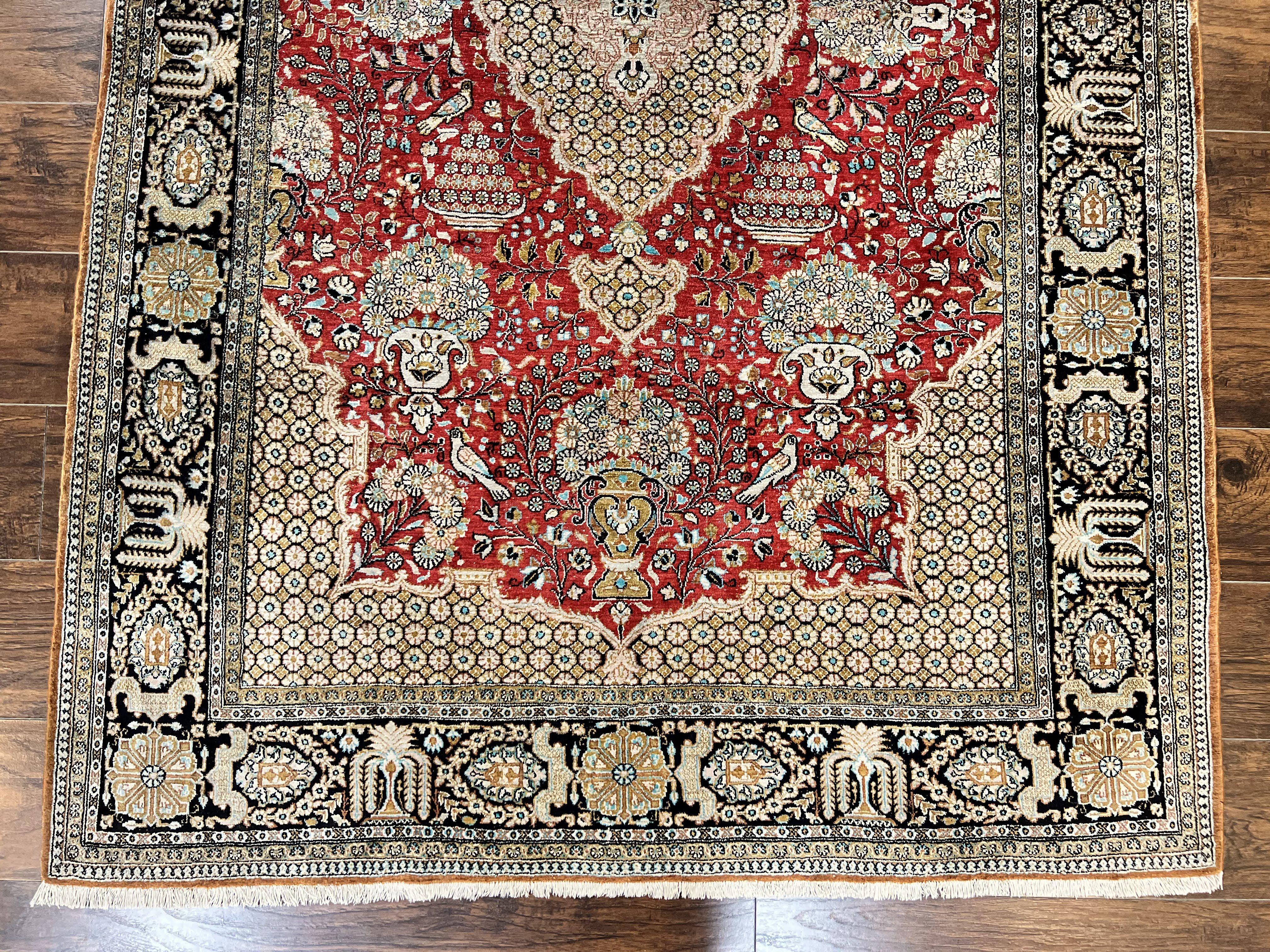 Wonderful Persian Silk Rug 5x7, Birds Floral Vases, Red, Hand Knotted Silk Fine Oriental Carpet, Handmade Vintage, Persian Qum Rug, 400 KPSI - Jewel Rugs