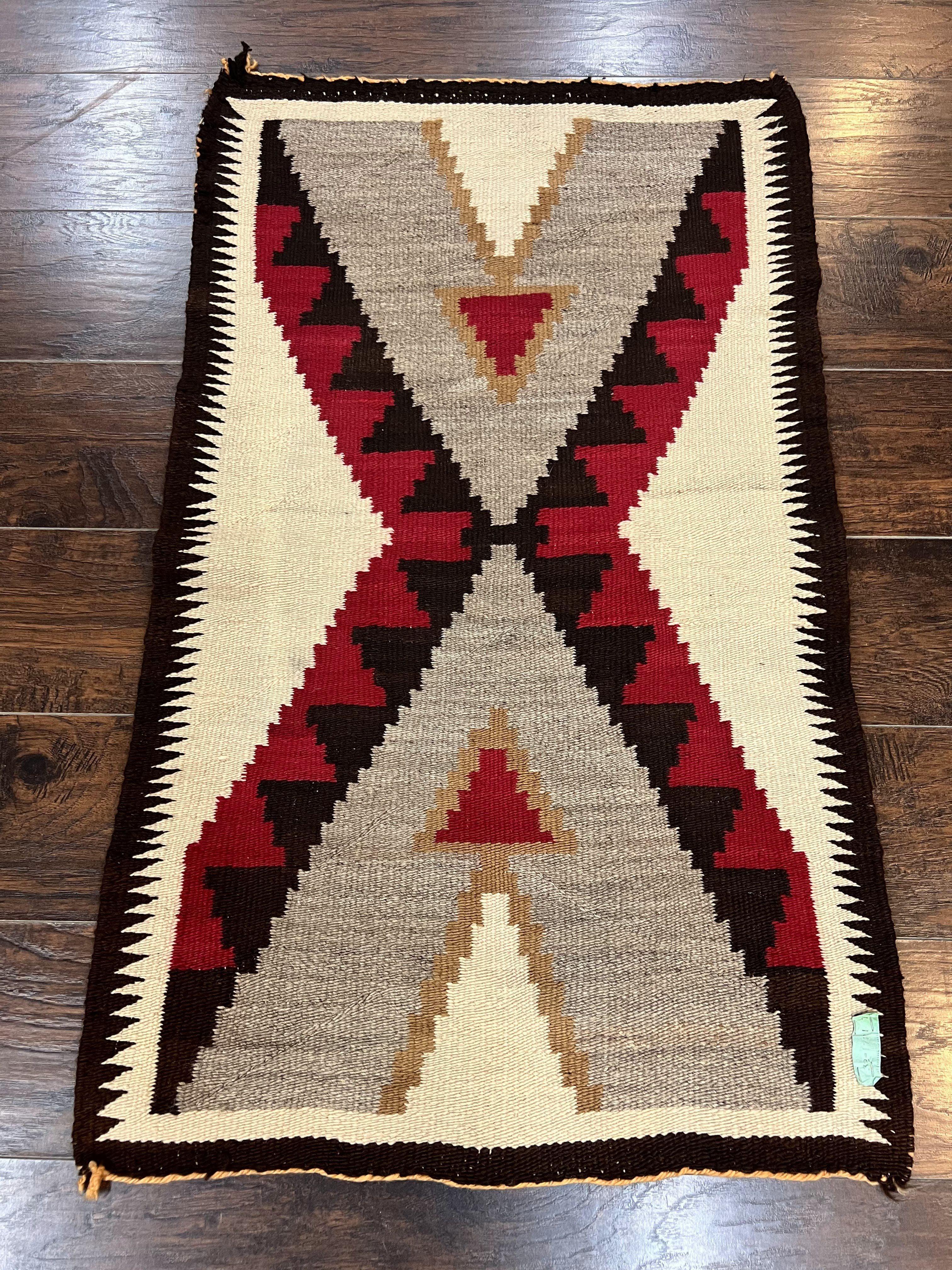 Antique Navajo Rug 2x4, Collectible Native American Wool Handmade Rug, Ivory Black Red Gray, Vintage Navajo Textile - Jewel Rugs