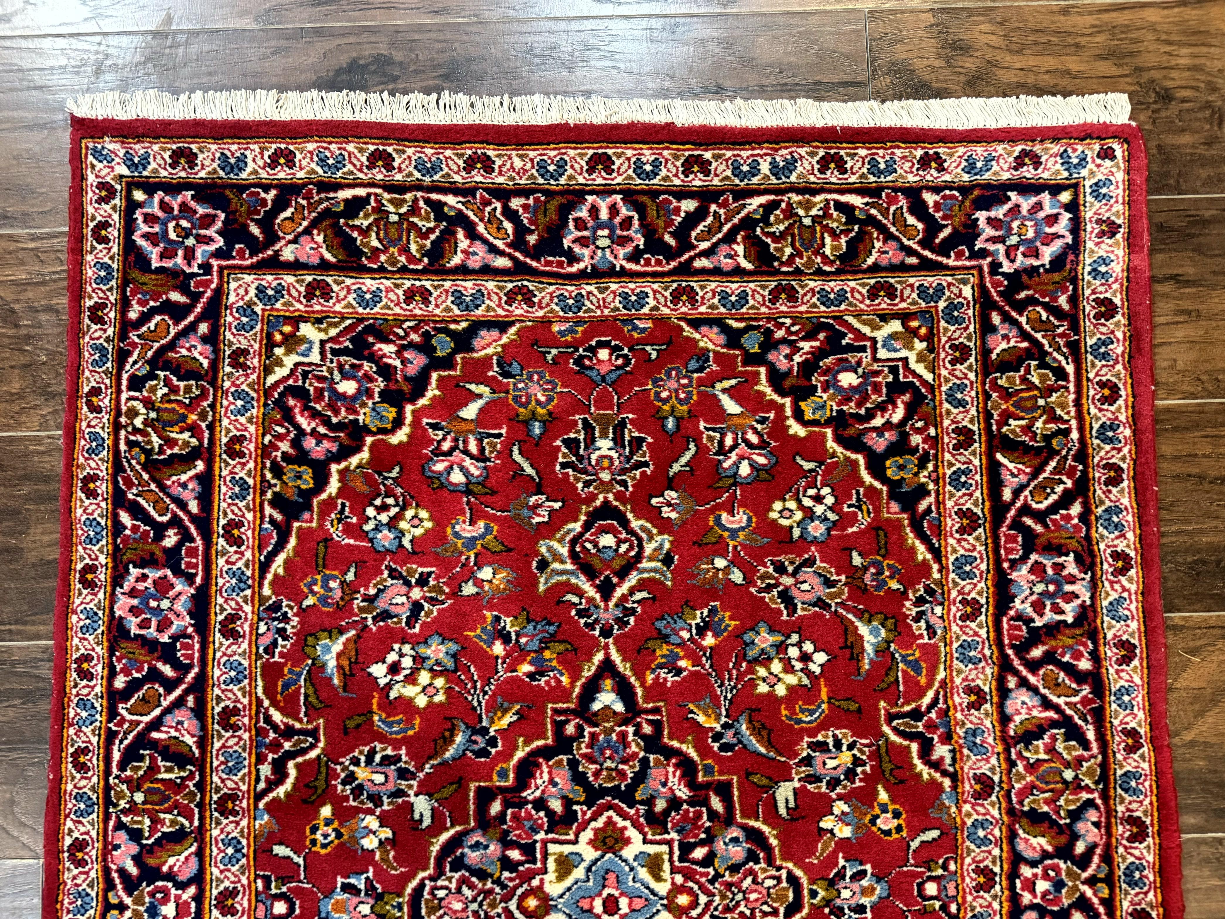 Small Red Persian Kashan Rug 3x5, Floral Medallion, Semi Antique, 150 KPSI, Wool, Handmade - Jewel Rugs