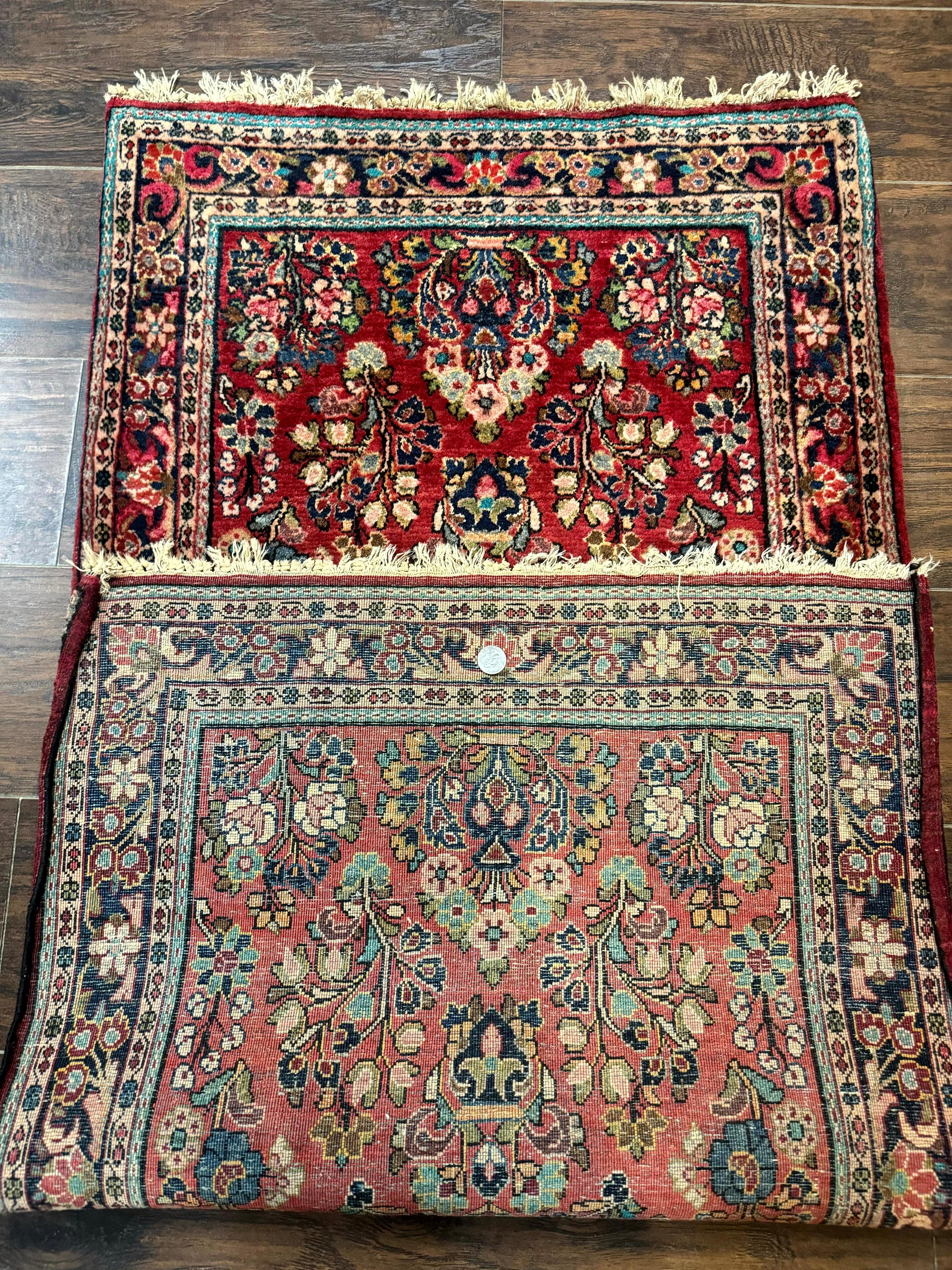 Antique Persian Sarouk Rug 2x5, Floral, Red, Antique Wool Rug - Jewel Rugs