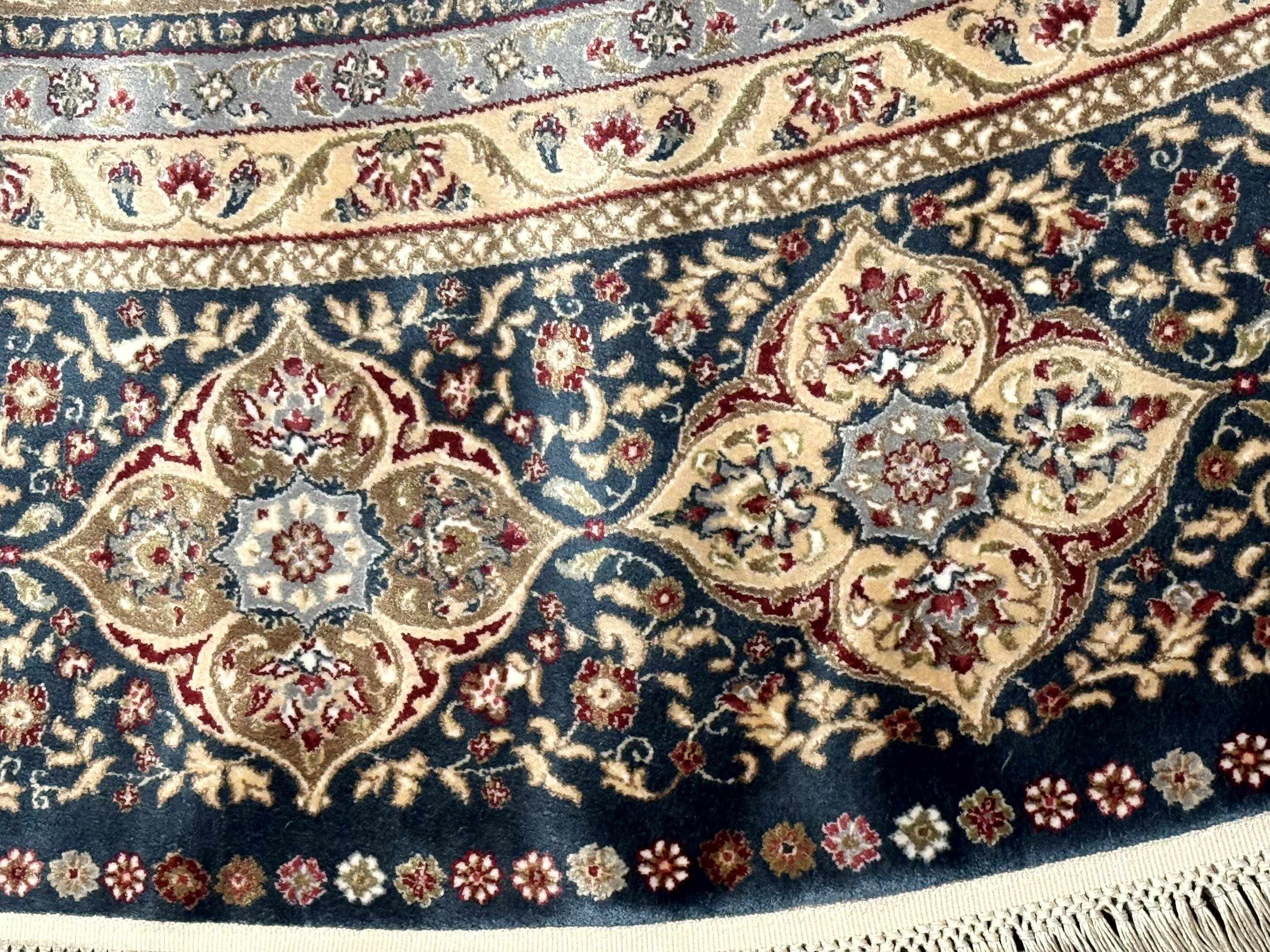 Large Turkish Round Silk Rug 8x8 ft, Floral Medallion, Ivory & Navy Blue, Bamboo Silk, New - Jewel Rugs