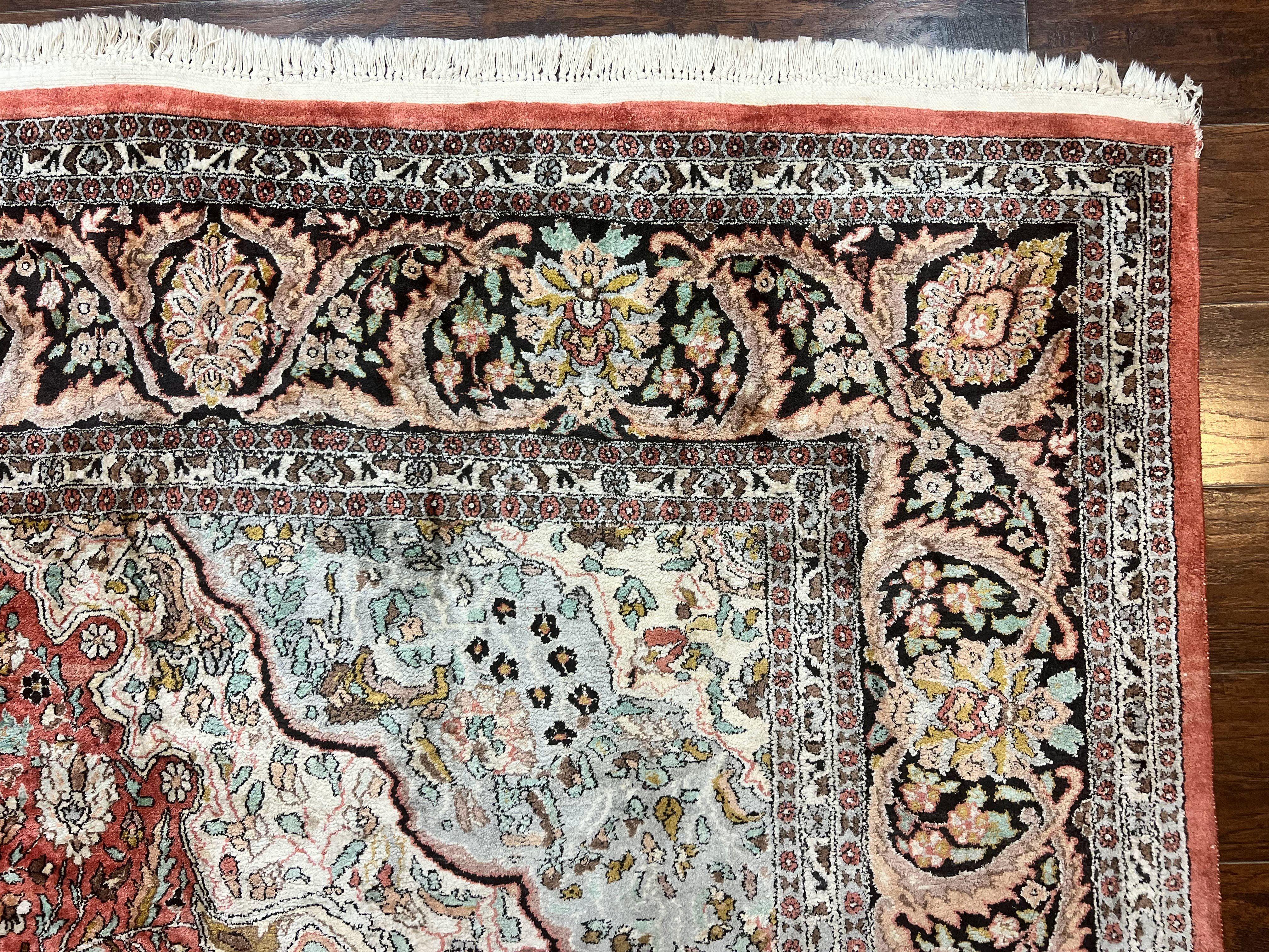 Silk Indian Kashmir Rug 10x14, Room Sized Silk Oriental Carpet, Indo Persian Kashmiri Rug, Traditional Floral Medallion Handmade Rug - Jewel Rugs