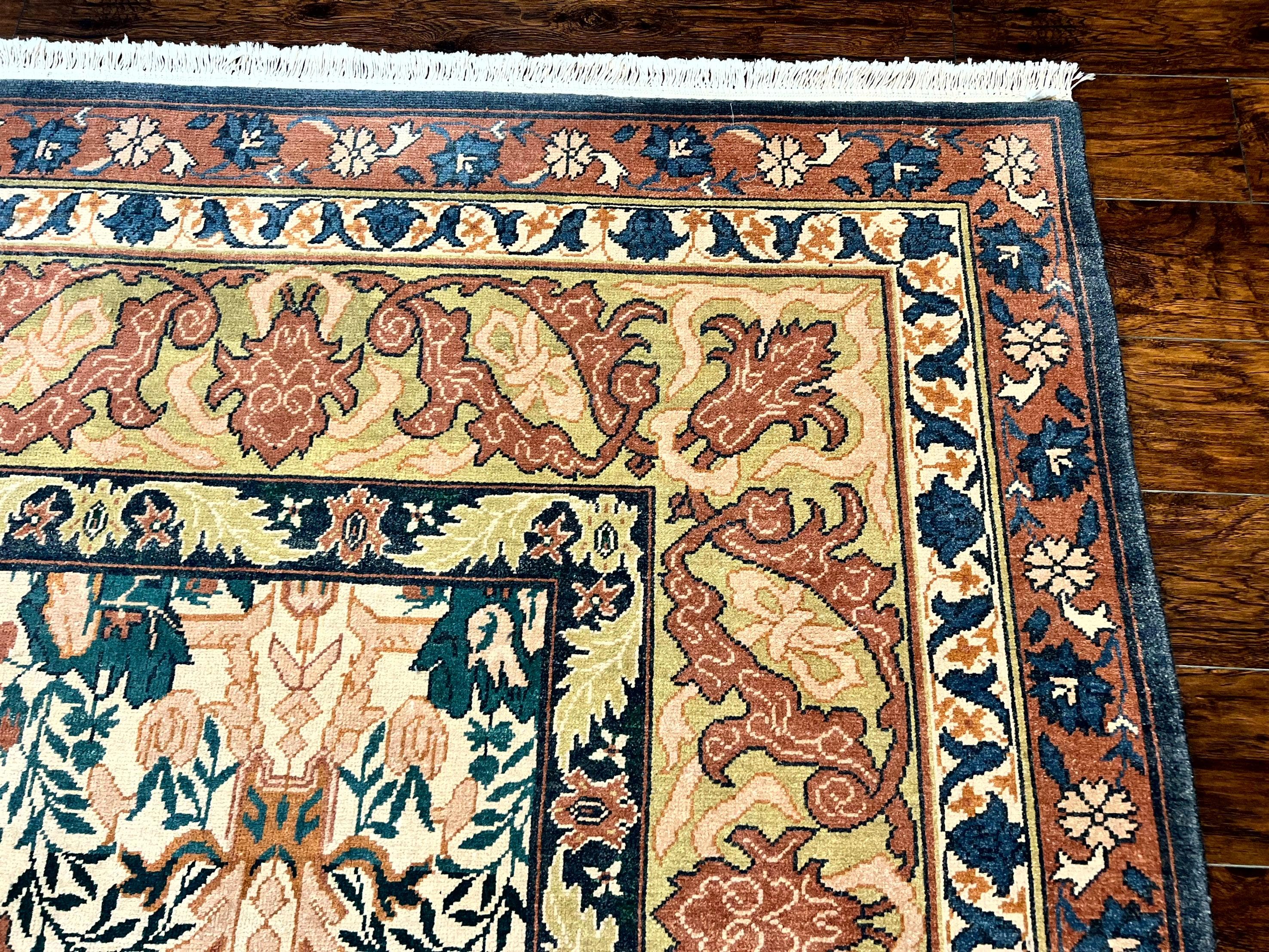 10x13 Wool Rug, Floral Pattern, Birds, Handmade Vintage Carpet, Couristan Rug, Beige - Jewel Rugs