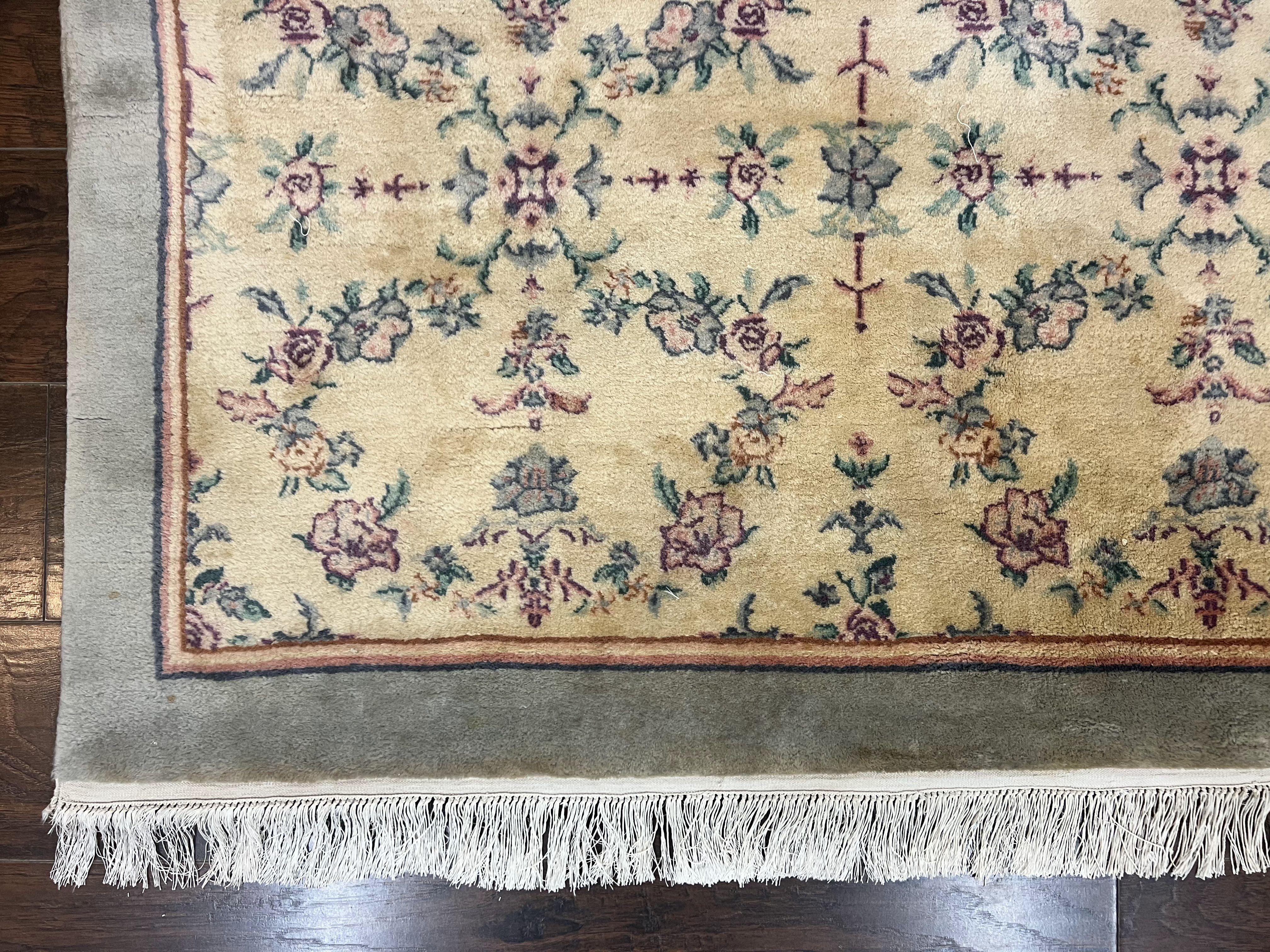 Sino Persian Rug 8x10, Floral, Oatmeal and Light Teal, Handmade Wool Vintage Carpet - Jewel Rugs