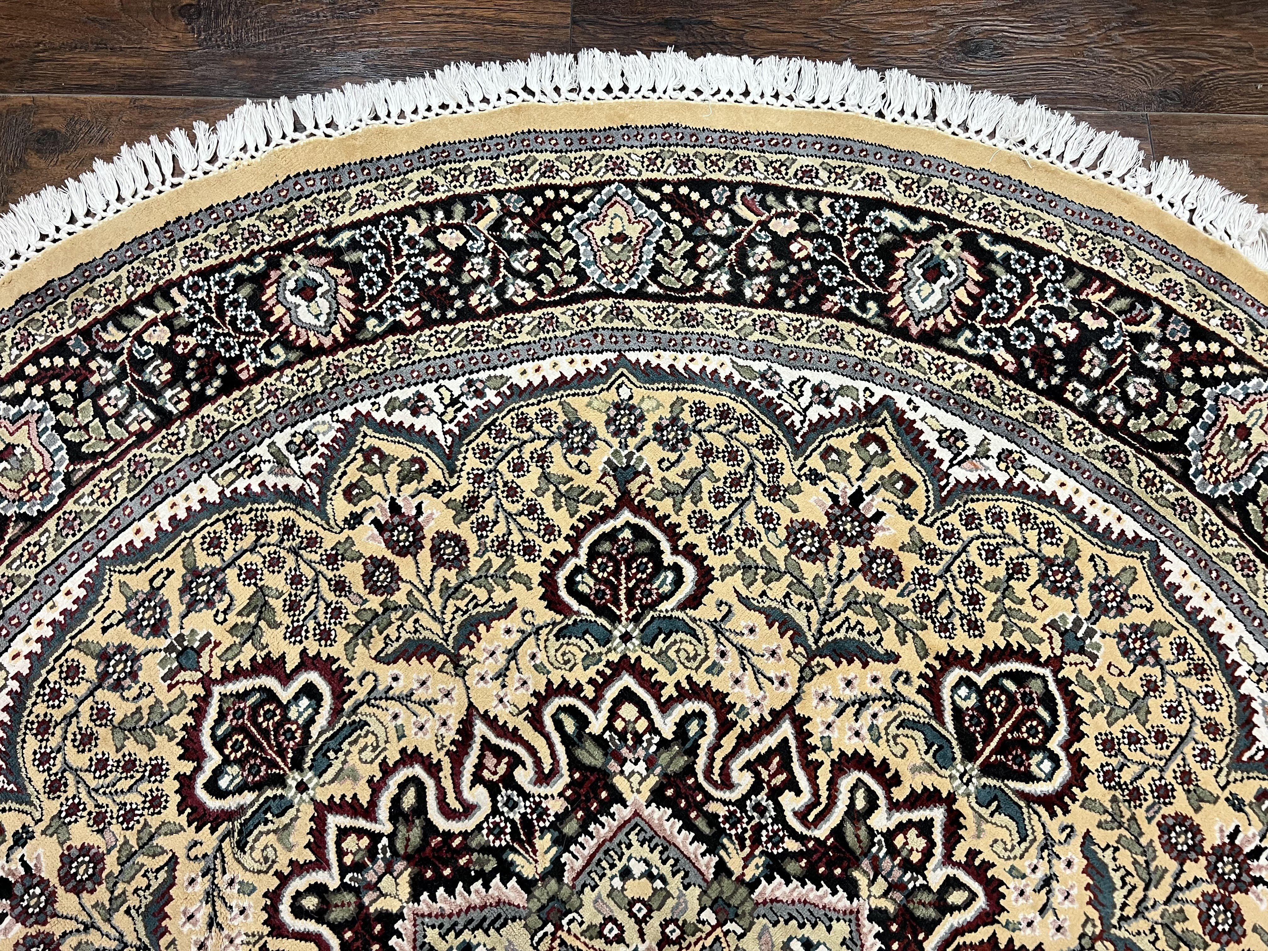 Round Silk Indian Kashmiri Rug 6x6, Hand Knotted Handmade Vintage Oriental Carpet, 6ft Round Rug with Medallion, Cream - Jewel Rugs