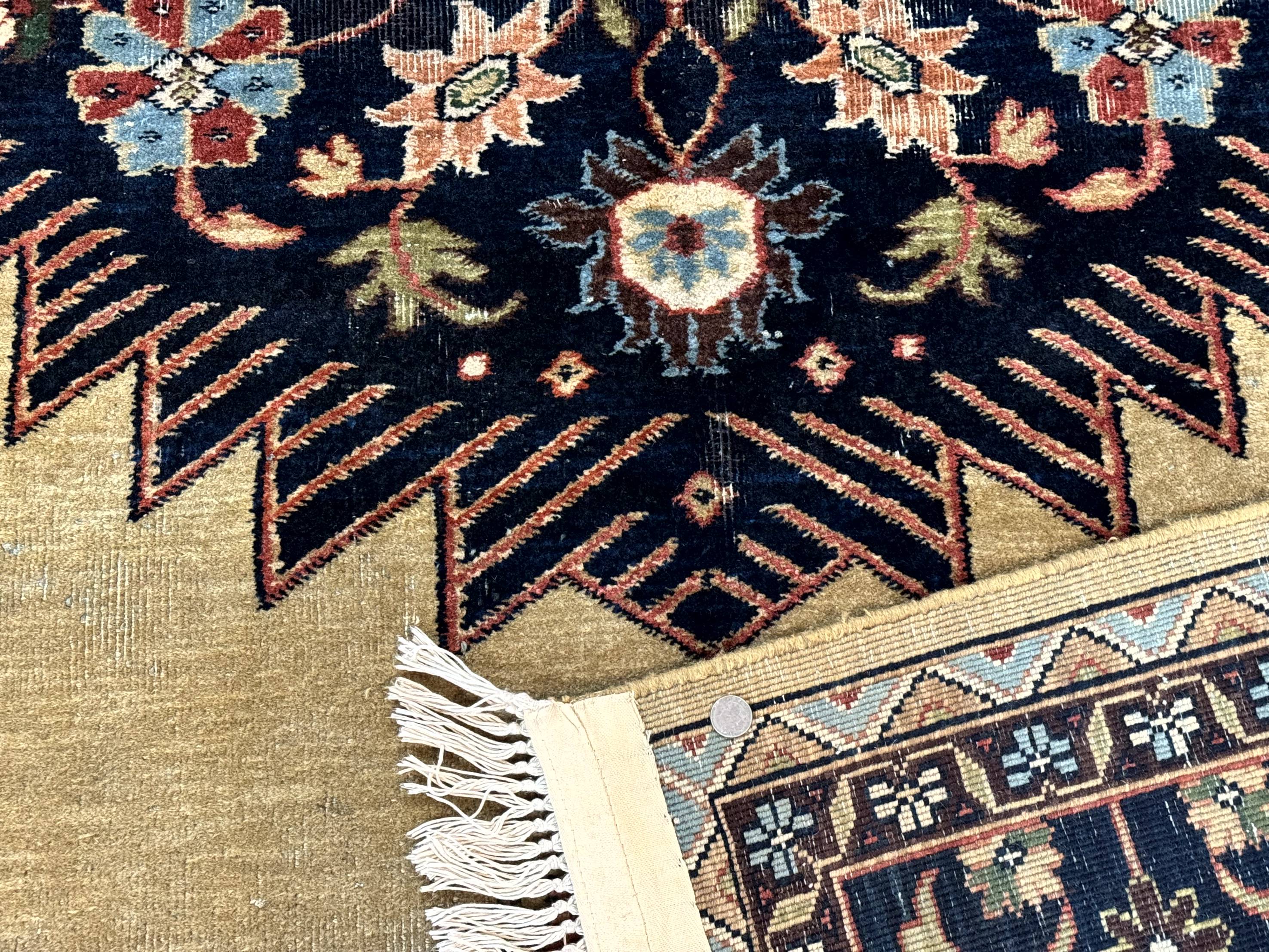 Indo Persian Heriz Rug 8x12, Camel Hair Tan and Navy Blue, Decorative - Jewel Rugs