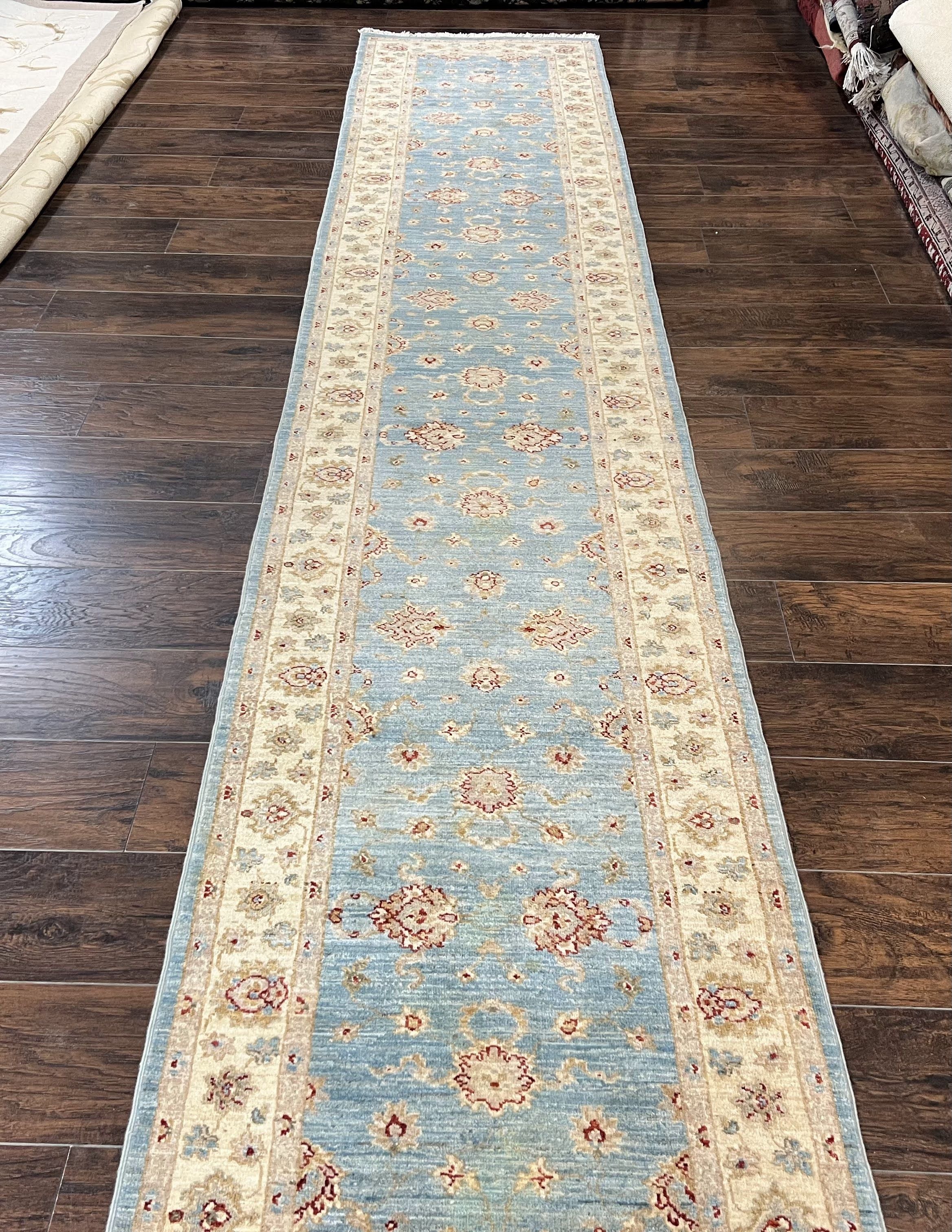 Peshawar Runner Rug 2.8 x 15.8, Light Blue and Cream, Long Hand Knotted Handmade Hallway Runner, Oriental Carpet, Pastel Colors, Wool Rug - Jewel Rugs