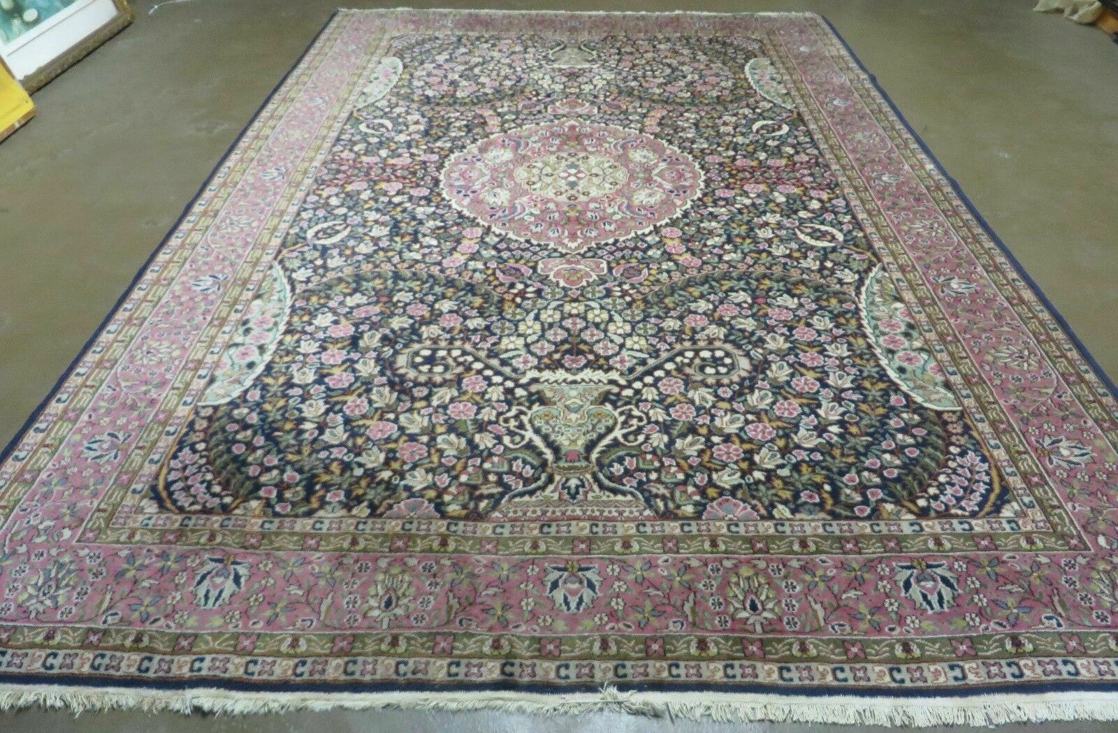 Turkish Sivas Rug 7x11, Navy Blue & Pink, Millifluer Floral Wool Carpet, Vintage - Jewel Rugs